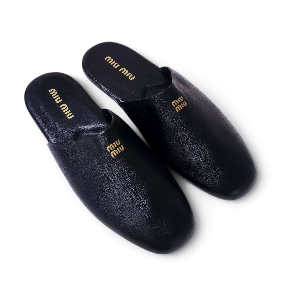 MIU MIU BLACK LEATHER LOGO MULES - SIZE 39