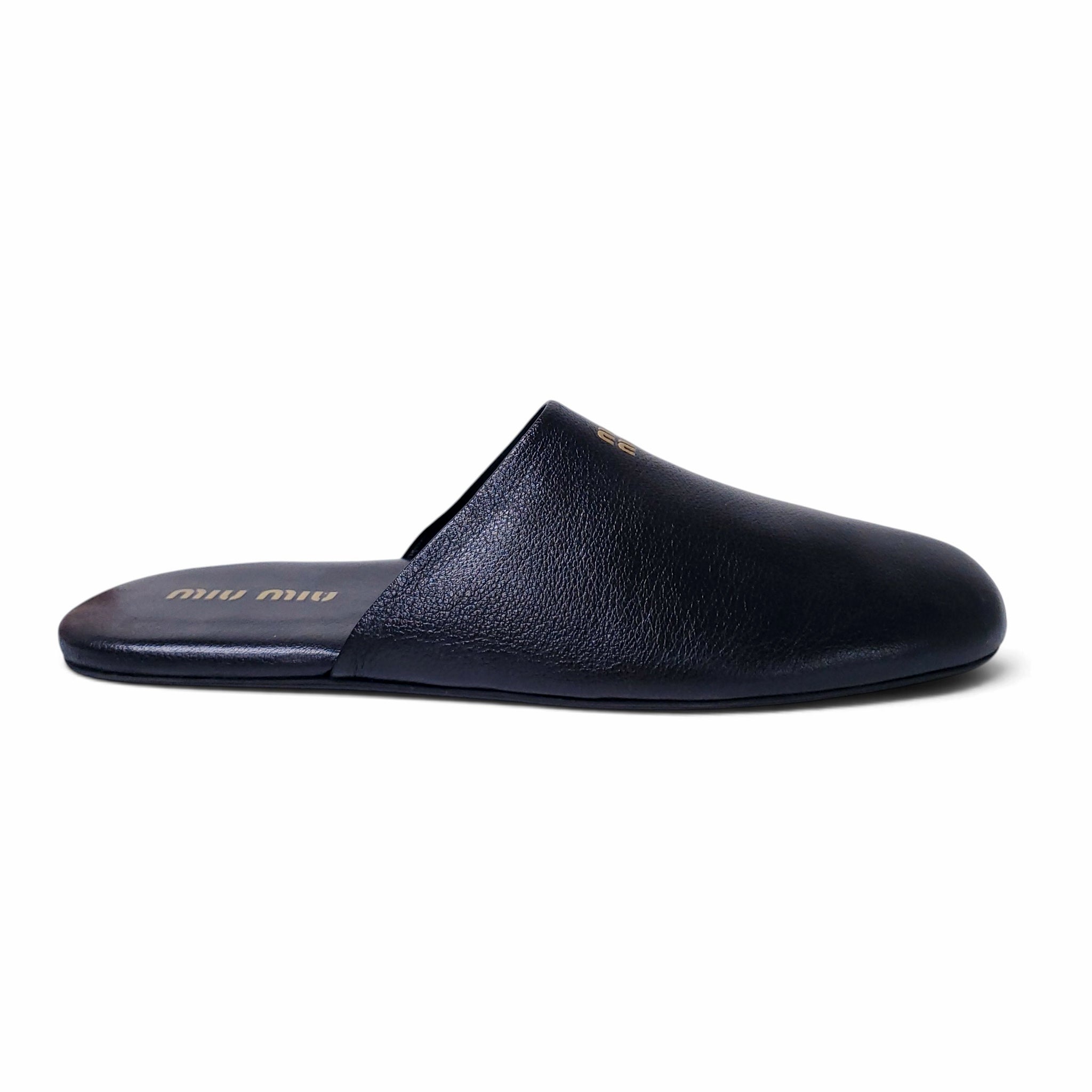 MIU MIU BLACK LEATHER LOGO MULES - SIZE 39 – Rewind Couture