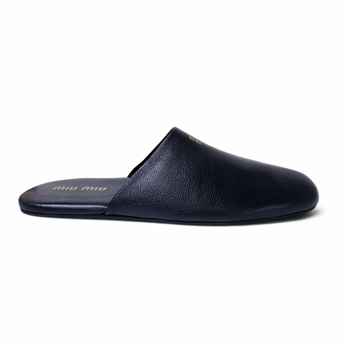 MIU MIU BLACK LEATHER LOGO MULES - SIZE 39