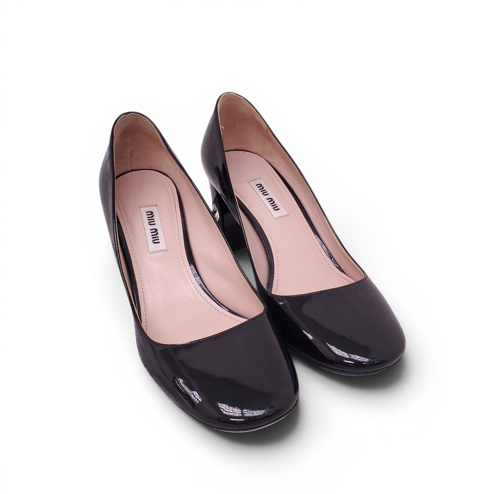 MIU MIU BLACK PATENT BLOCK HEELS WITH CRYSTAL DETAIL - SIZE 37