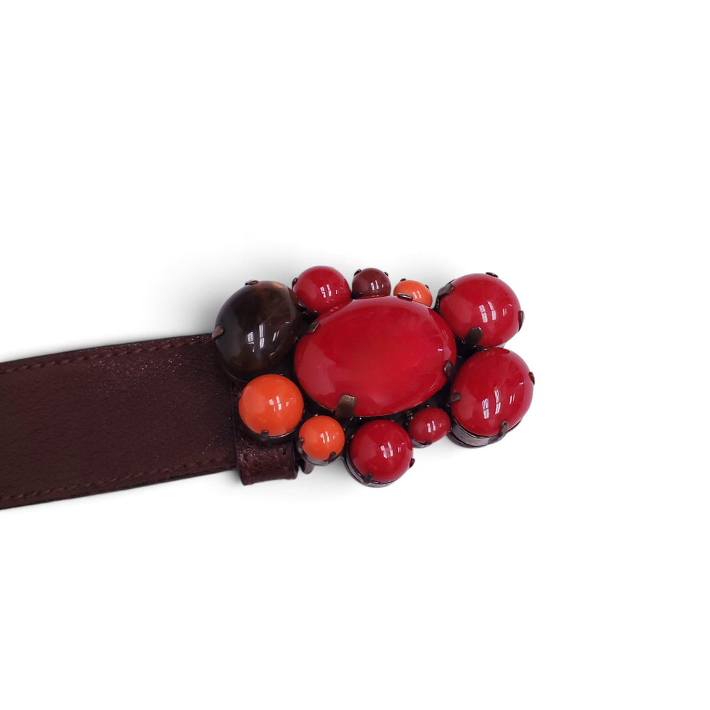 MIU MIU BROWN LEATHER BELT WITH RED STONE EMBLEM - SIZE 75