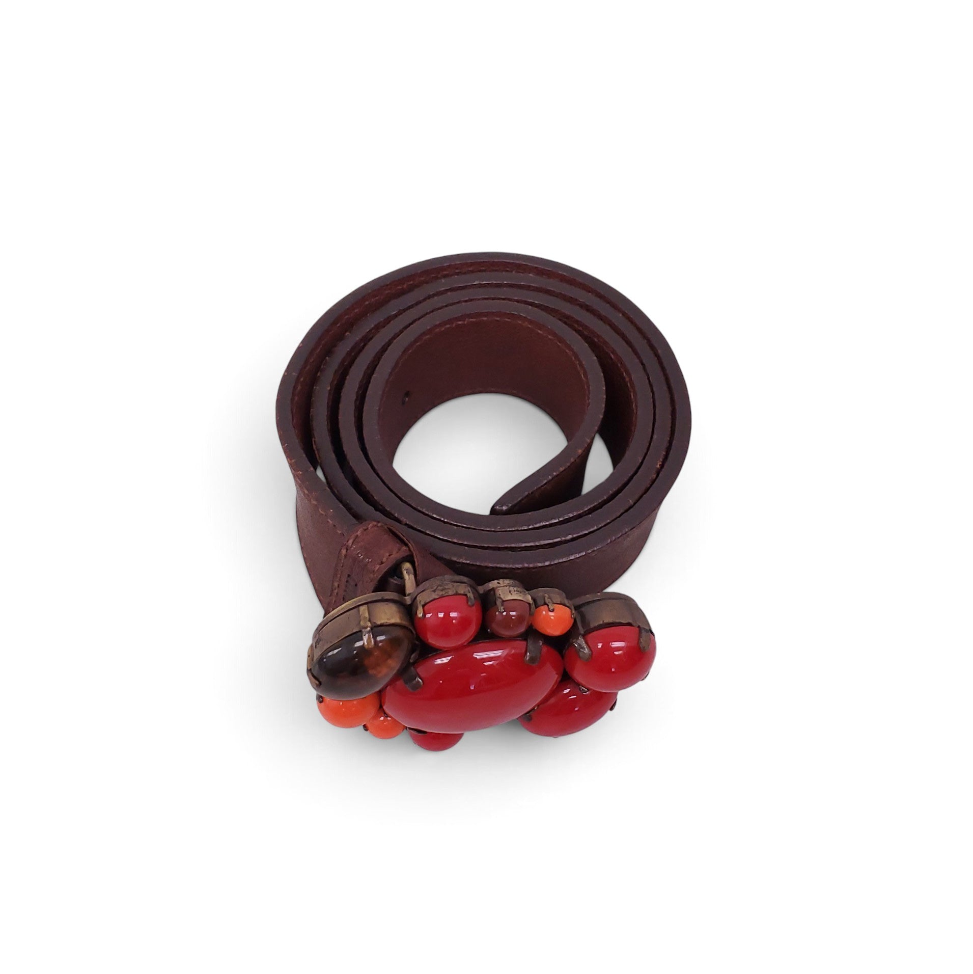 MIU MIU BROWN LEATHER BELT WITH RED STONE EMBLEM - SIZE 75