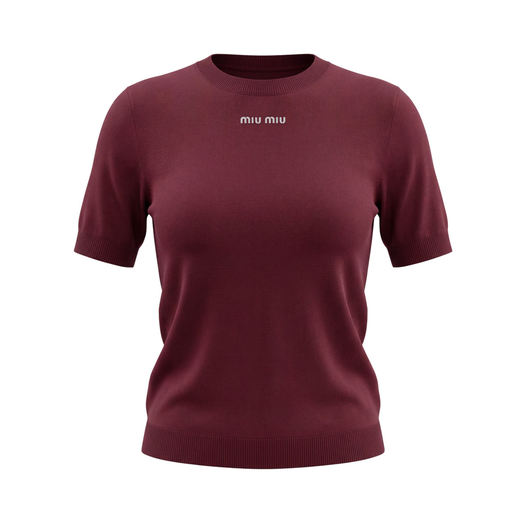 MIU MIU BURGUNDY FITTED LOGO KNIT T SHIRT - SIZE 40