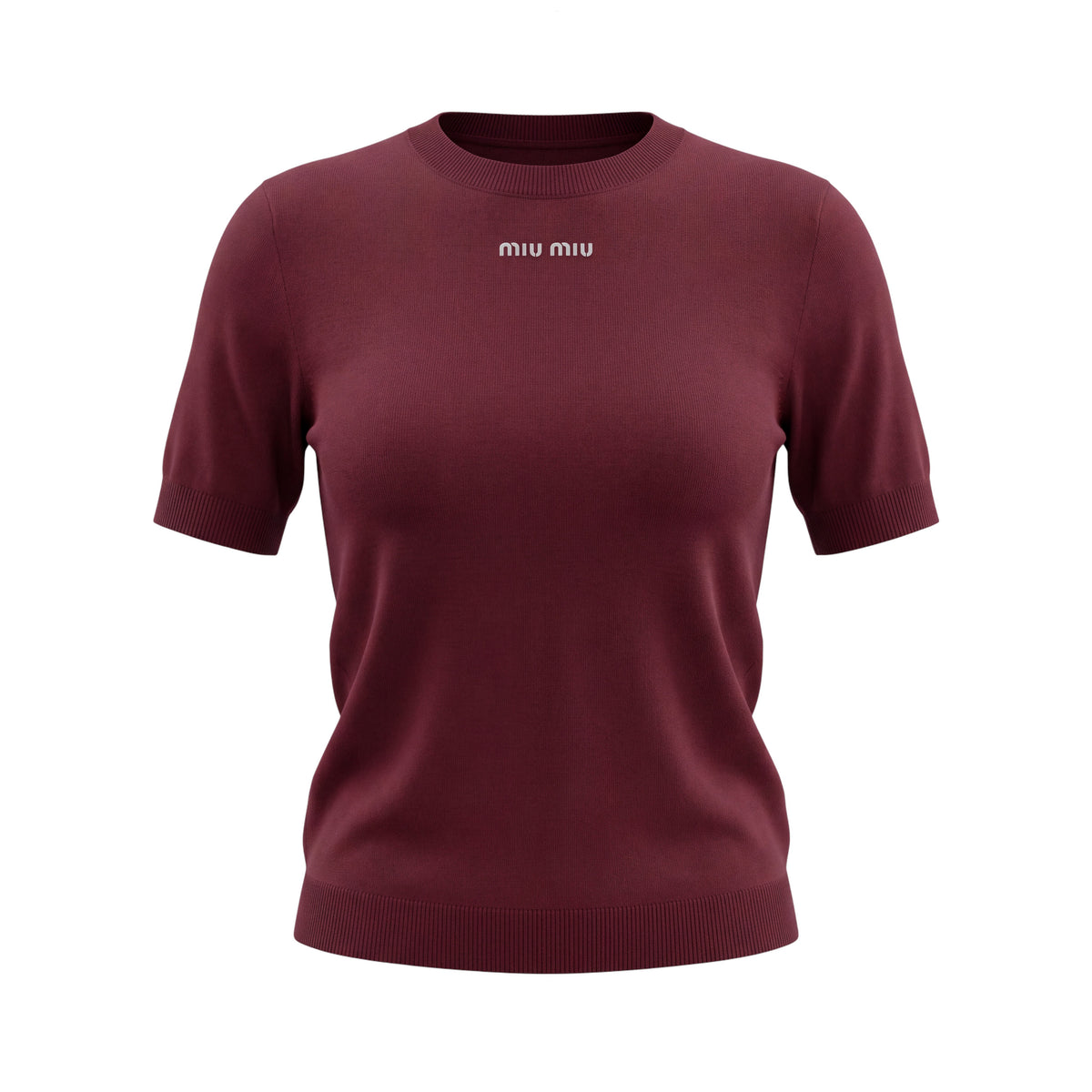 MIU MIU BURGUNDY FITTED LOGO KNIT T SHIRT - SIZE 40
