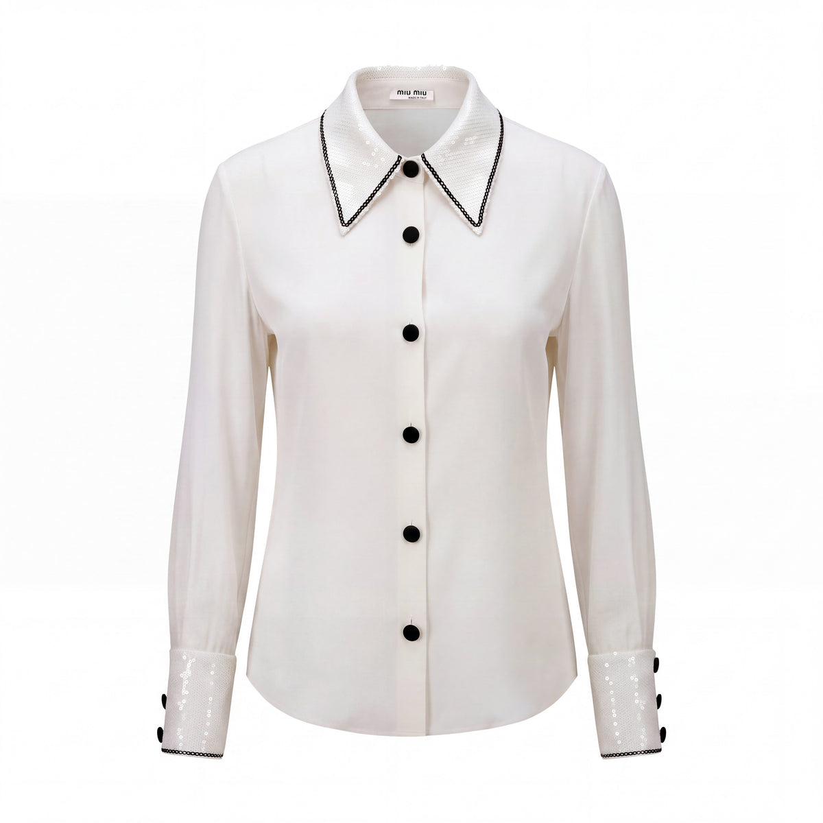 MIU MIU CREAM SILK BUTTON UP BLOUSE WITH SEQUIN COLLAR - SIZE 42
