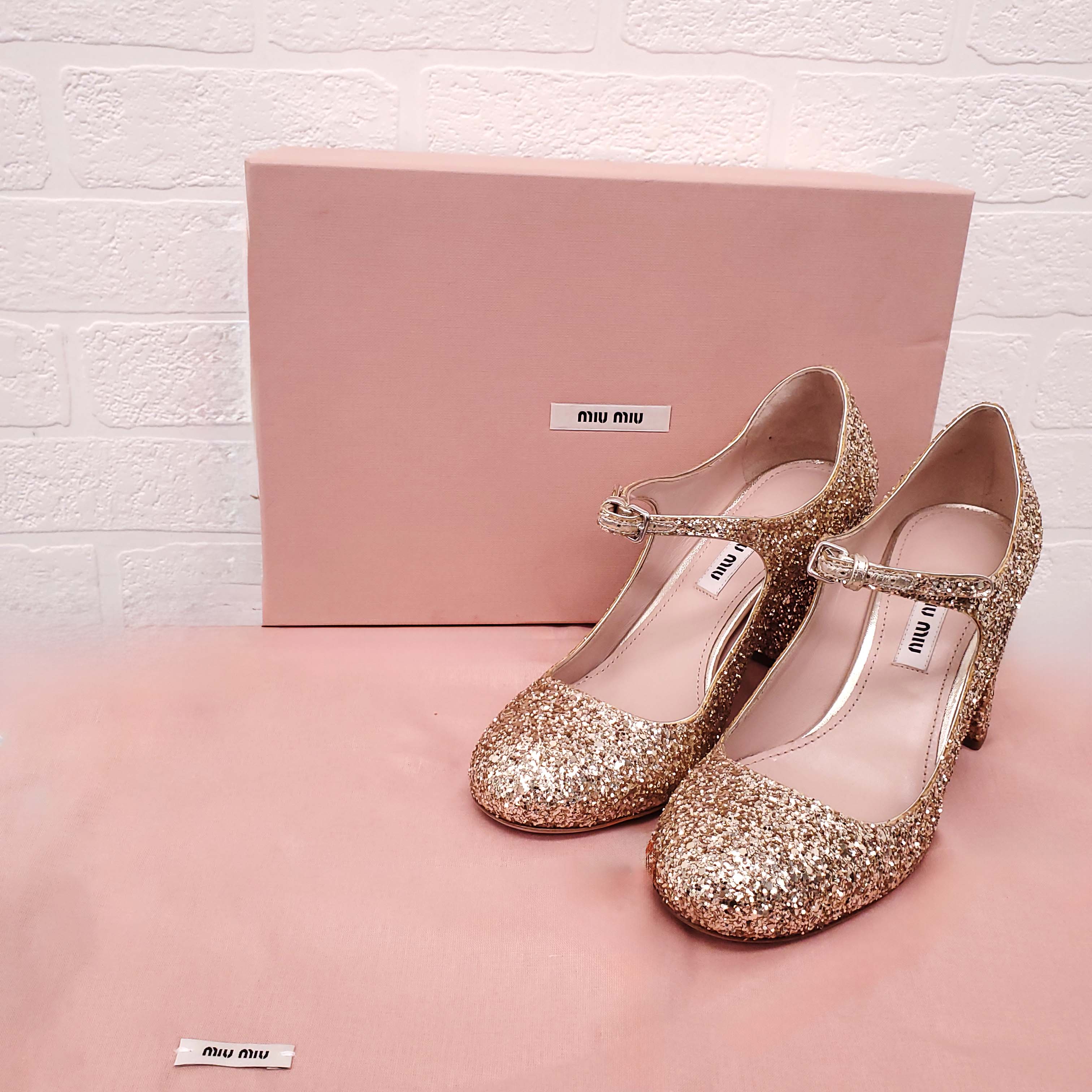 MIU MIU GOLD SPARKLE BLOCK HEELS WITH CRYSTAL DETAILS - SIZE 36