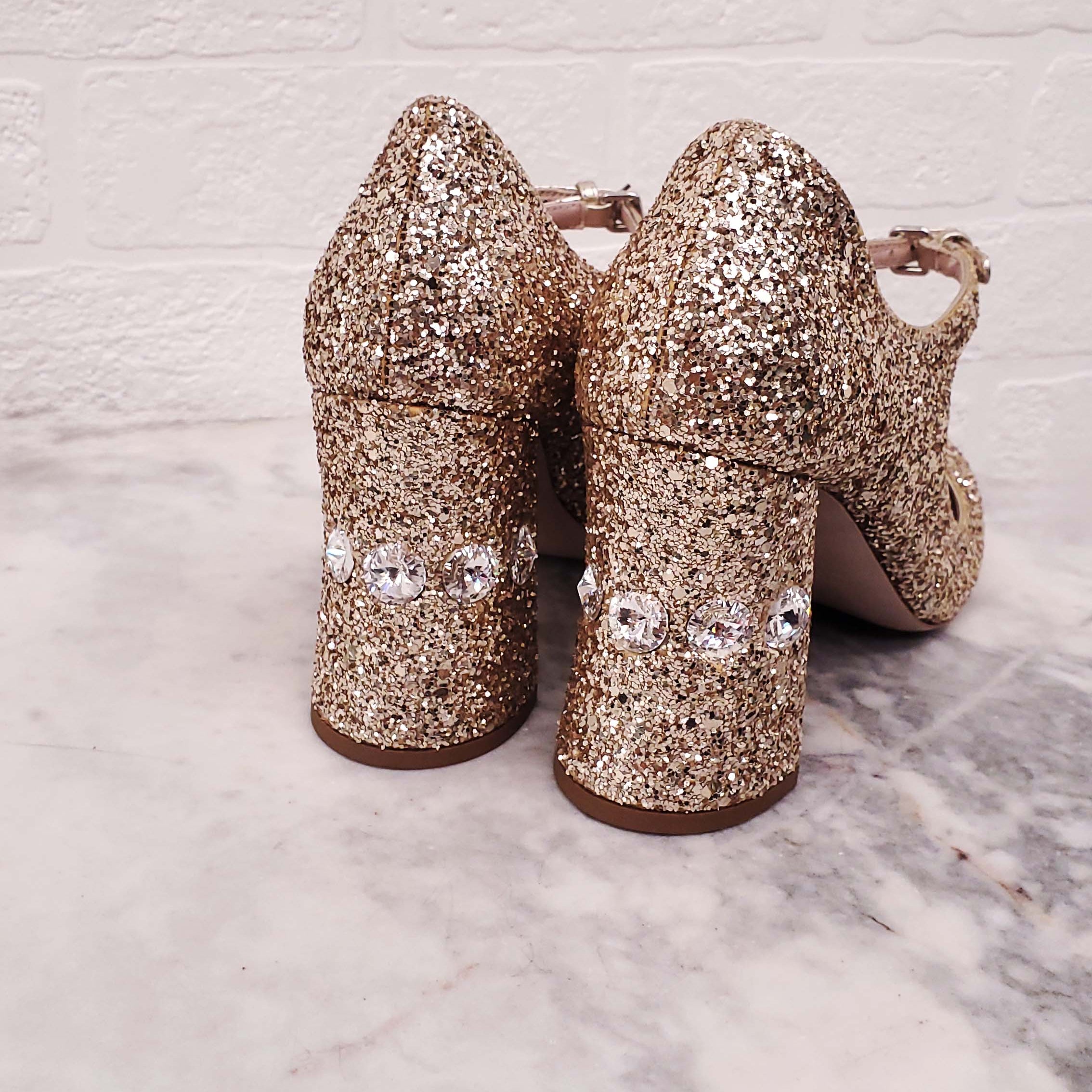 MIU MIU GOLD SPARKLE BLOCK HEELS WITH CRYSTAL DETAILS - SIZE 36
