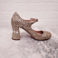 MIU MIU GOLD SPARKLE BLOCK HEELS WITH CRYSTAL DETAILS - SIZE 36