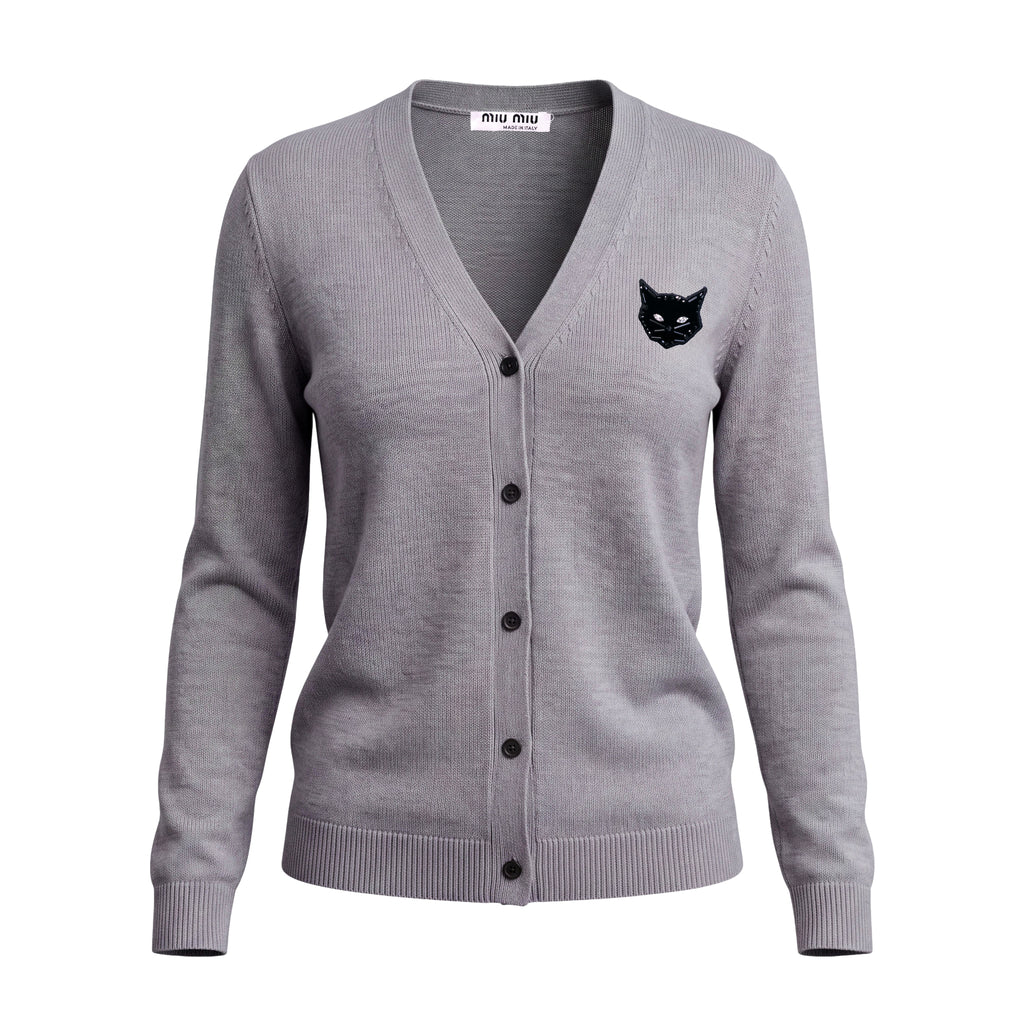 MIU MIU GREY CARDIGAN WITH CAT EMBROIDERY - SIZE 40