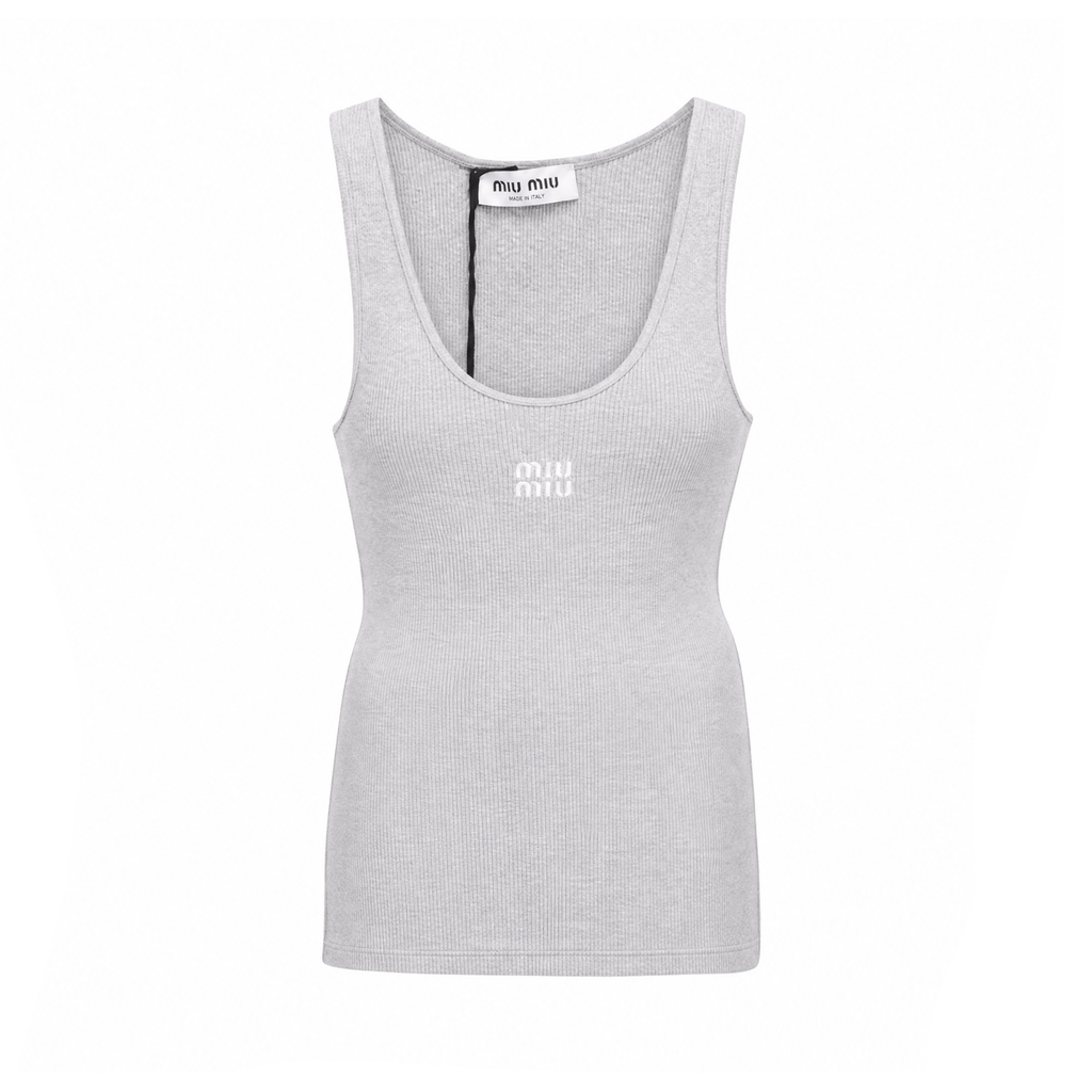 MIU MIU GREY LOGO SLEEVELESS KNIT TANK - SIZE 36