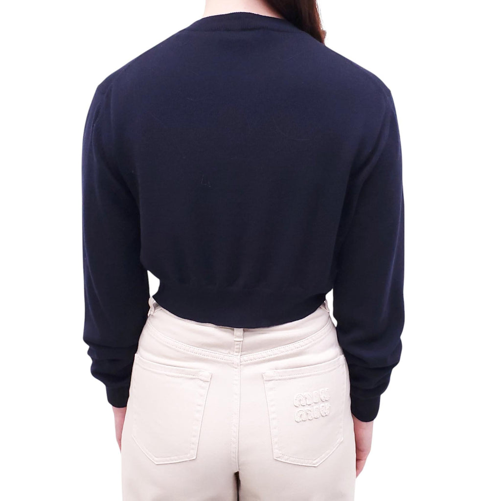 MIU MIU NAVY CROPPED LOGO SWEATER - SIZE 36