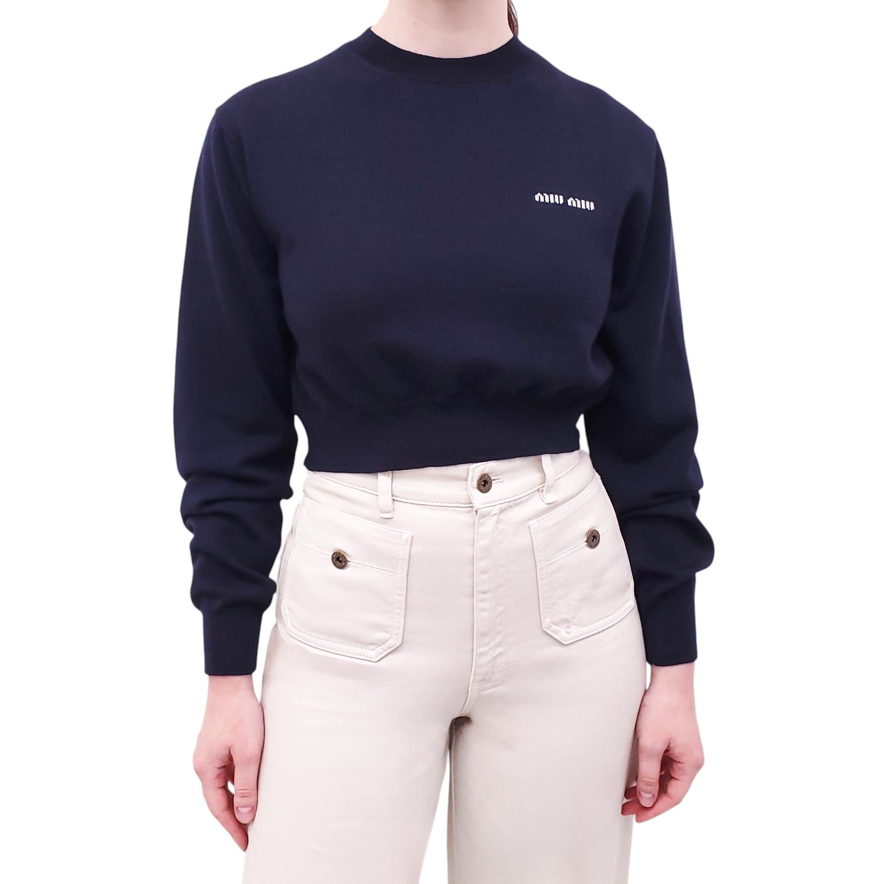 MIU MIU NAVY CROPPED LOGO SWEATER - SIZE 36