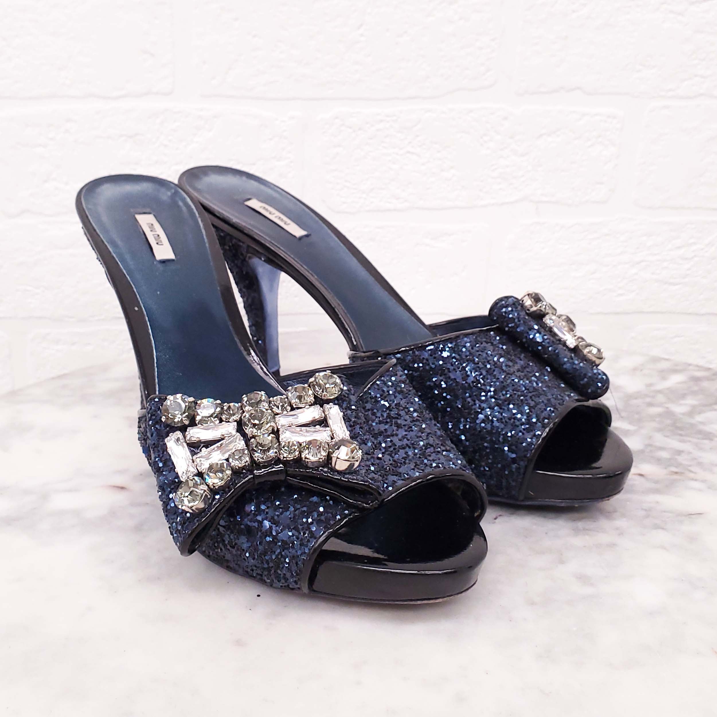 MIU MIU NAVY SEQUIN MULES WITH CRYSTAL BOW - SIZE 38.5