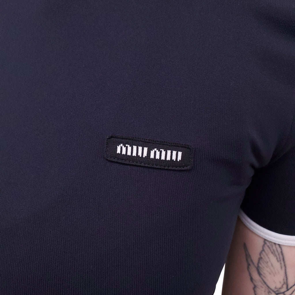 MIU MIU NAVY TECHNICAL YARN CREWNECK SHORT-SLEEVE SWEATER - SIZE 38
