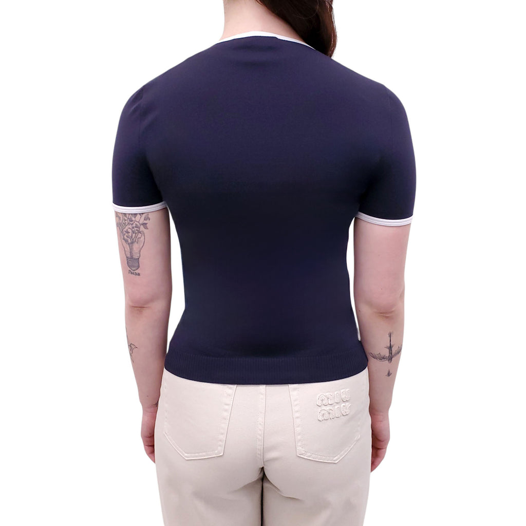 MIU MIU NAVY TECHNICAL YARN CREWNECK SHORT-SLEEVE SWEATER - SIZE 38