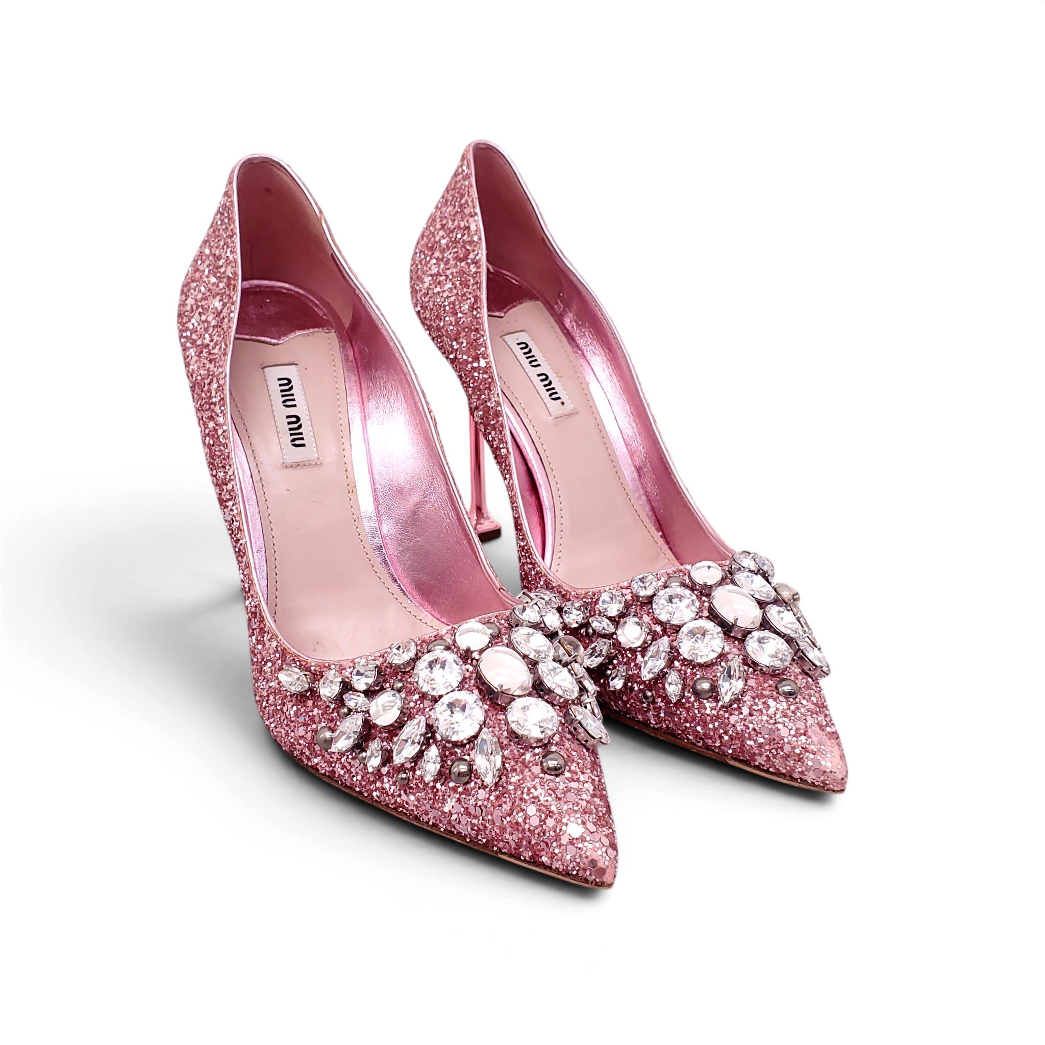 MIU MIU PINK GLITTER HEELS WITH CRYSTAL DETAILS - SIZE 40 – Rewind