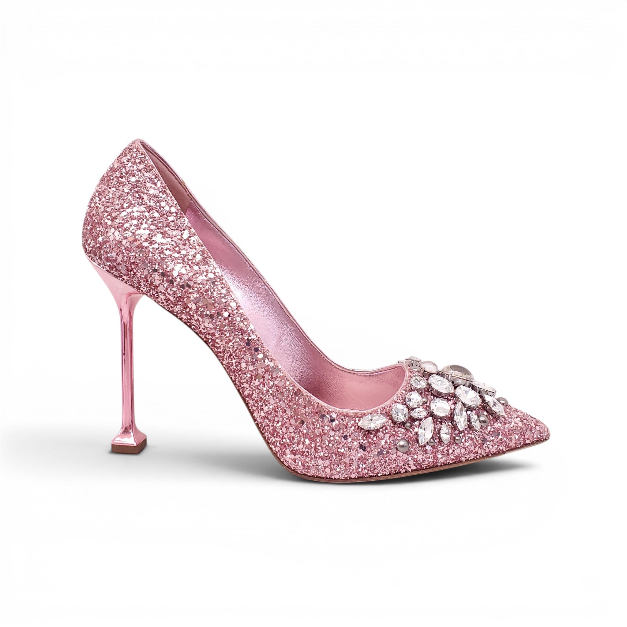 MIU MIU PINK GLITTER HEELS WITH CRYSTAL DETAILS - SIZE 40 – Rewind