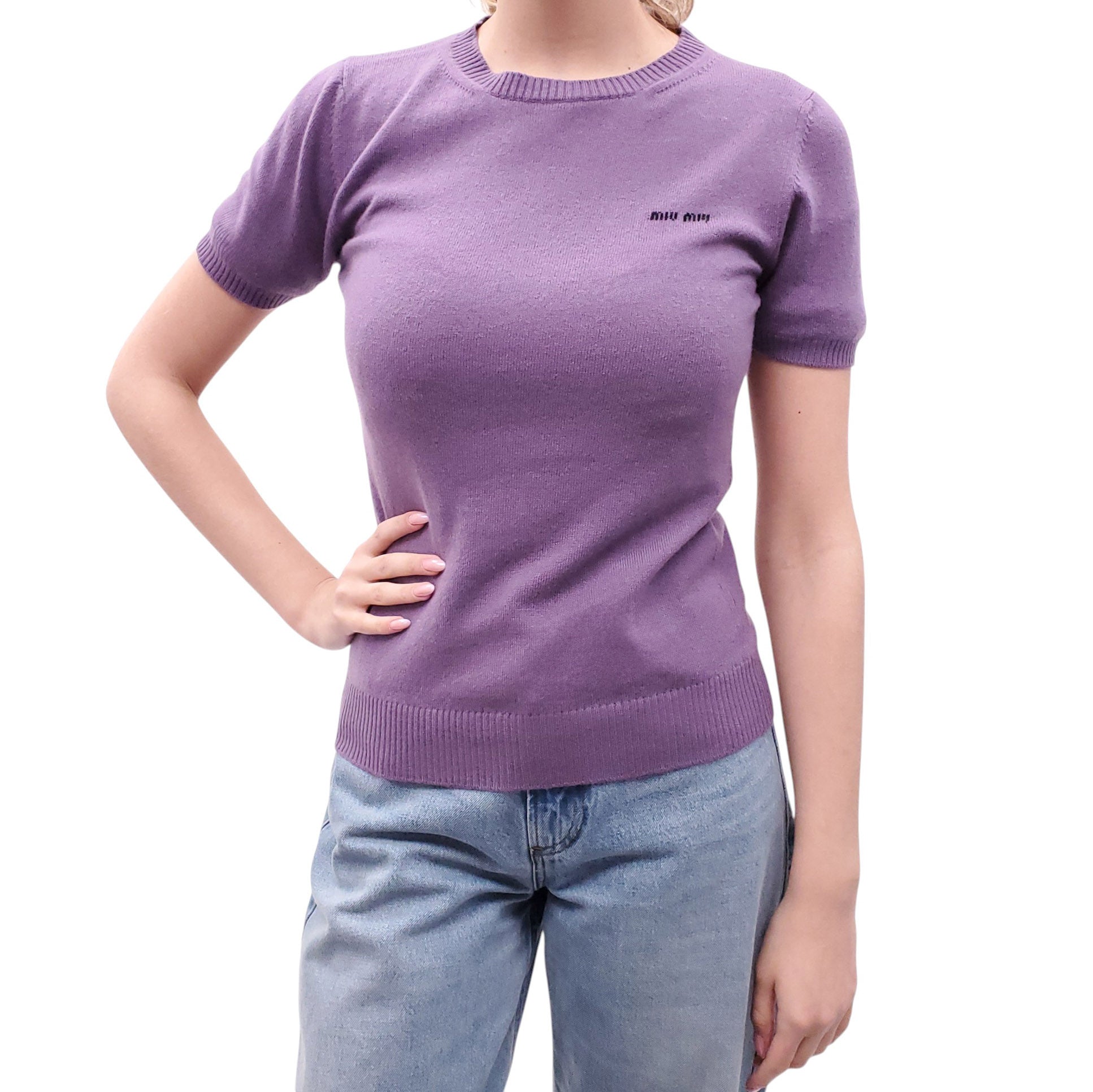 MIU MIU PURPLE CASHMERE SHORT SLEEVE SWEATER WITH LOGO - SIZE 38