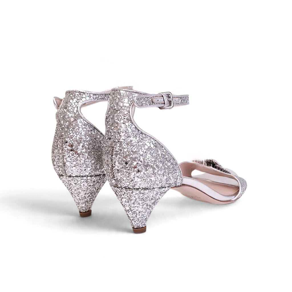 MIU MIU SILVER SEQUIN KITTEN HEELS WITH RHINESTONES - SIZE 41
