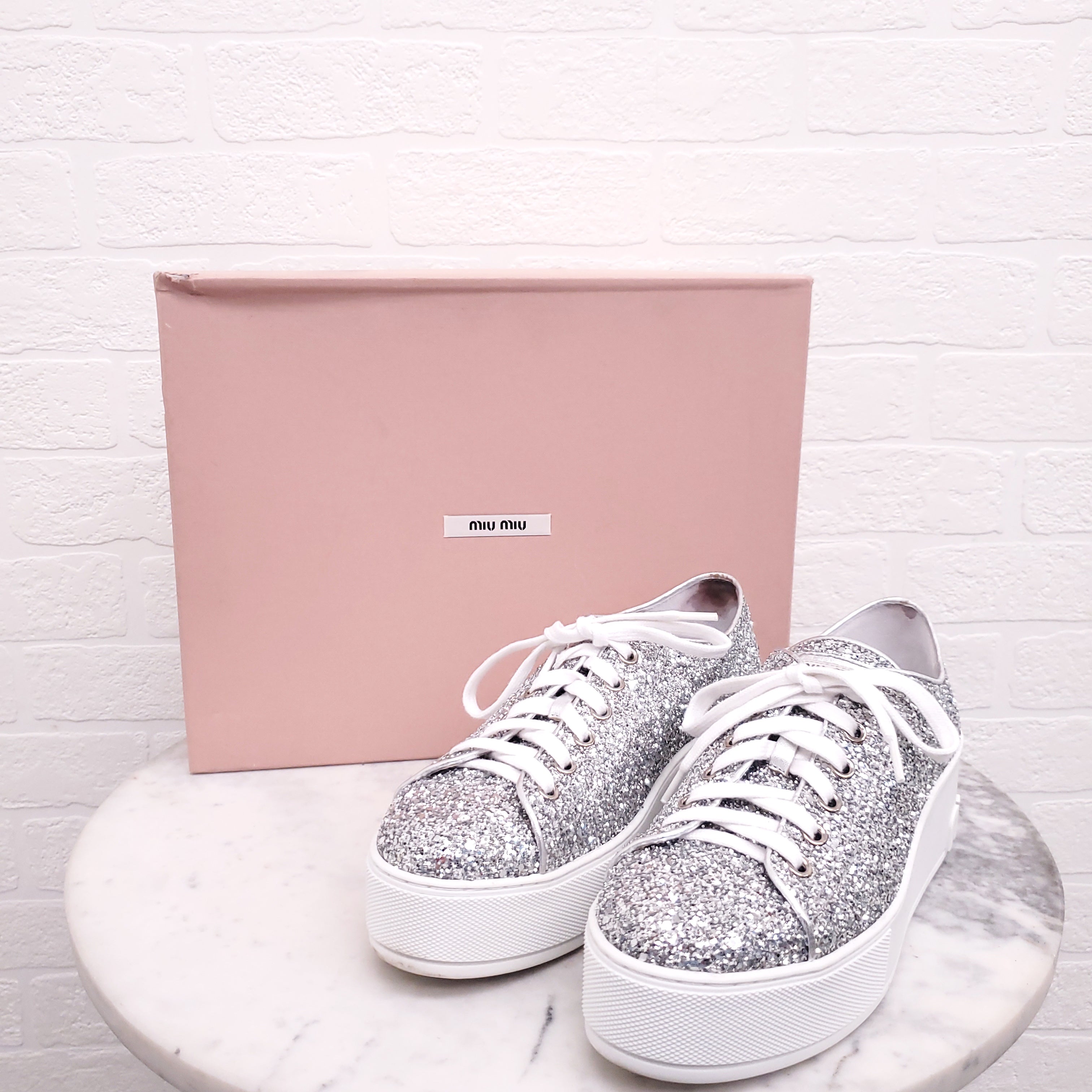 MIU MIU SILVER SEQUIN LOGO SNEAKERS - SIZE 37