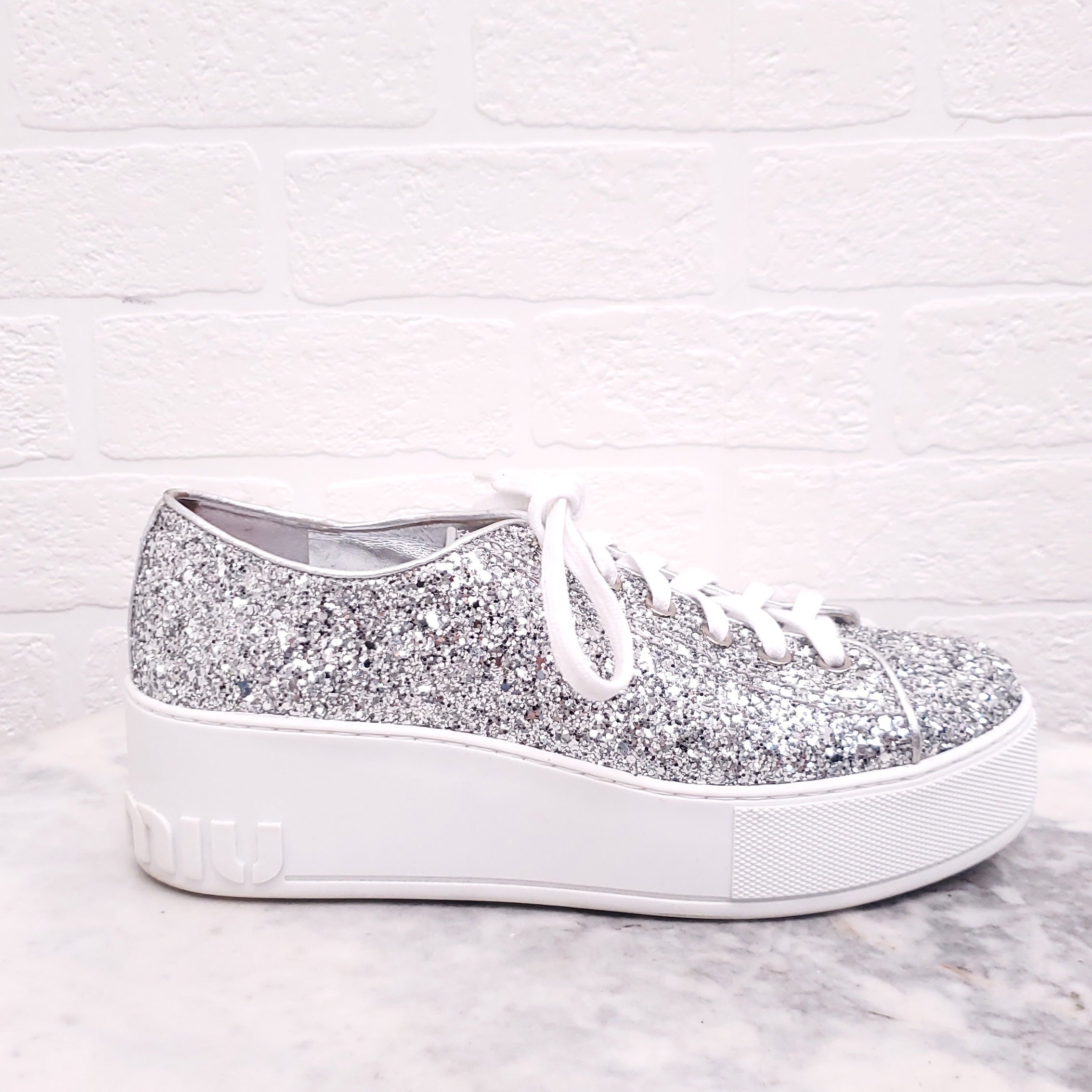 MIU MIU SILVER SEQUIN LOGO SNEAKERS - SIZE 37