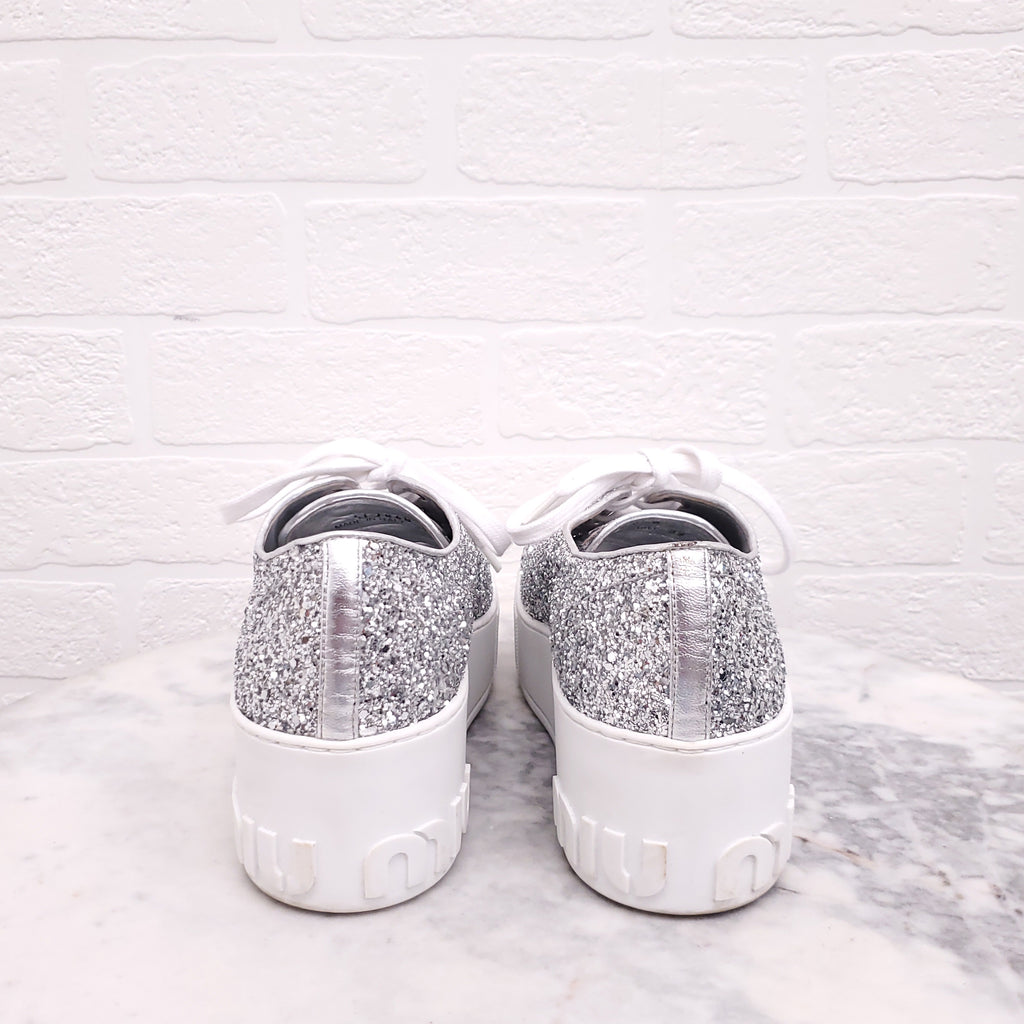 MIU MIU SILVER SEQUIN LOGO SNEAKERS - SIZE 37