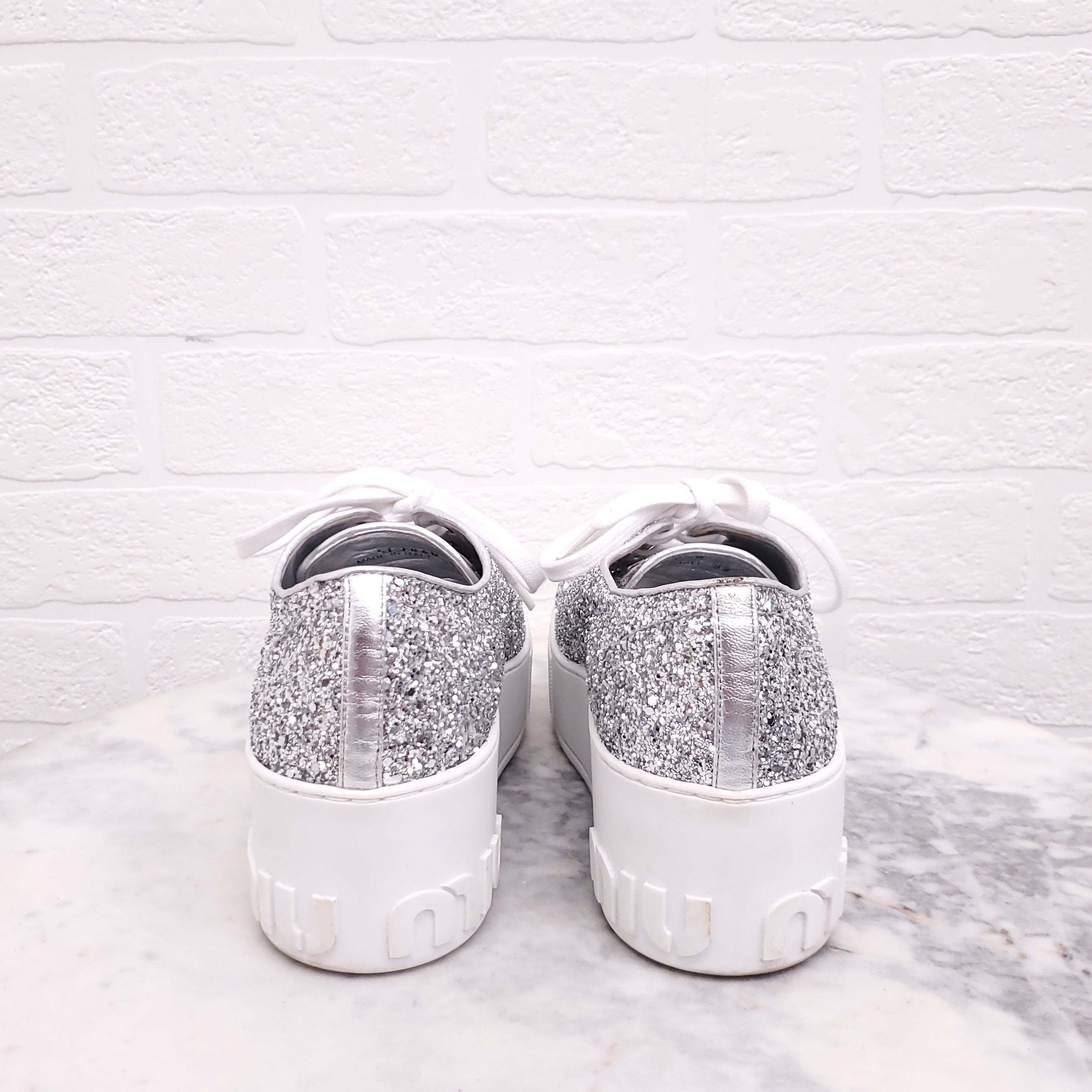 MIU MIU SILVER SEQUIN LOGO SNEAKERS - SIZE 37