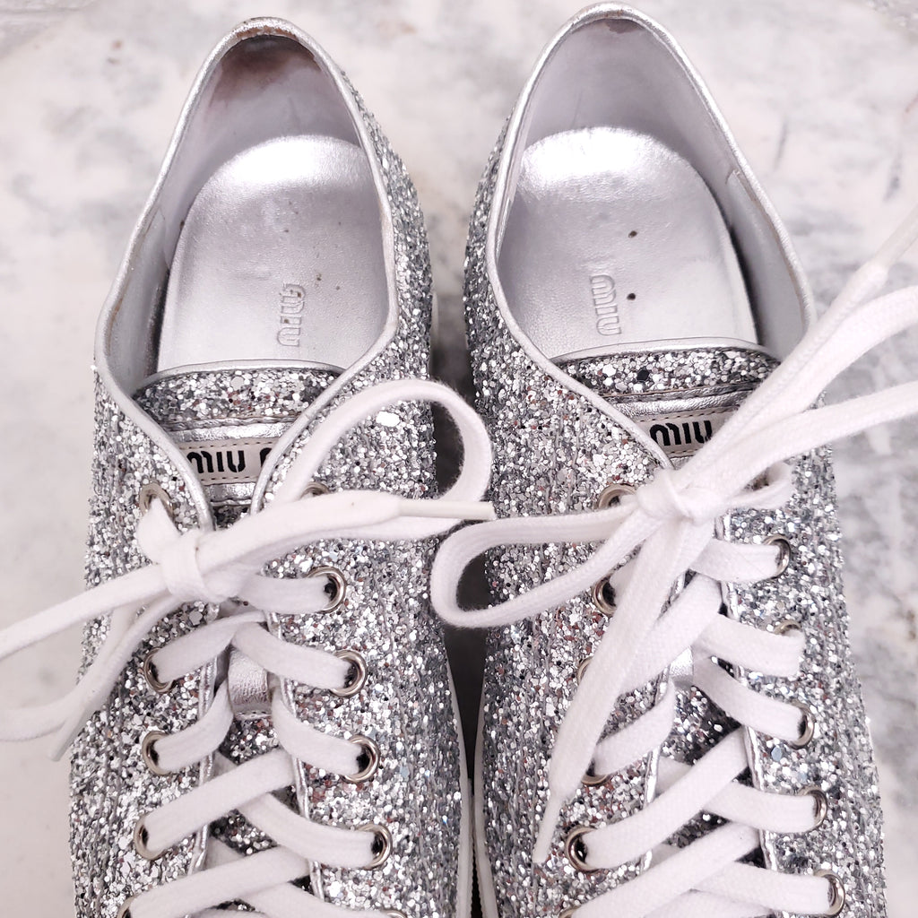 MIU MIU SILVER SEQUIN LOGO SNEAKERS - SIZE 37