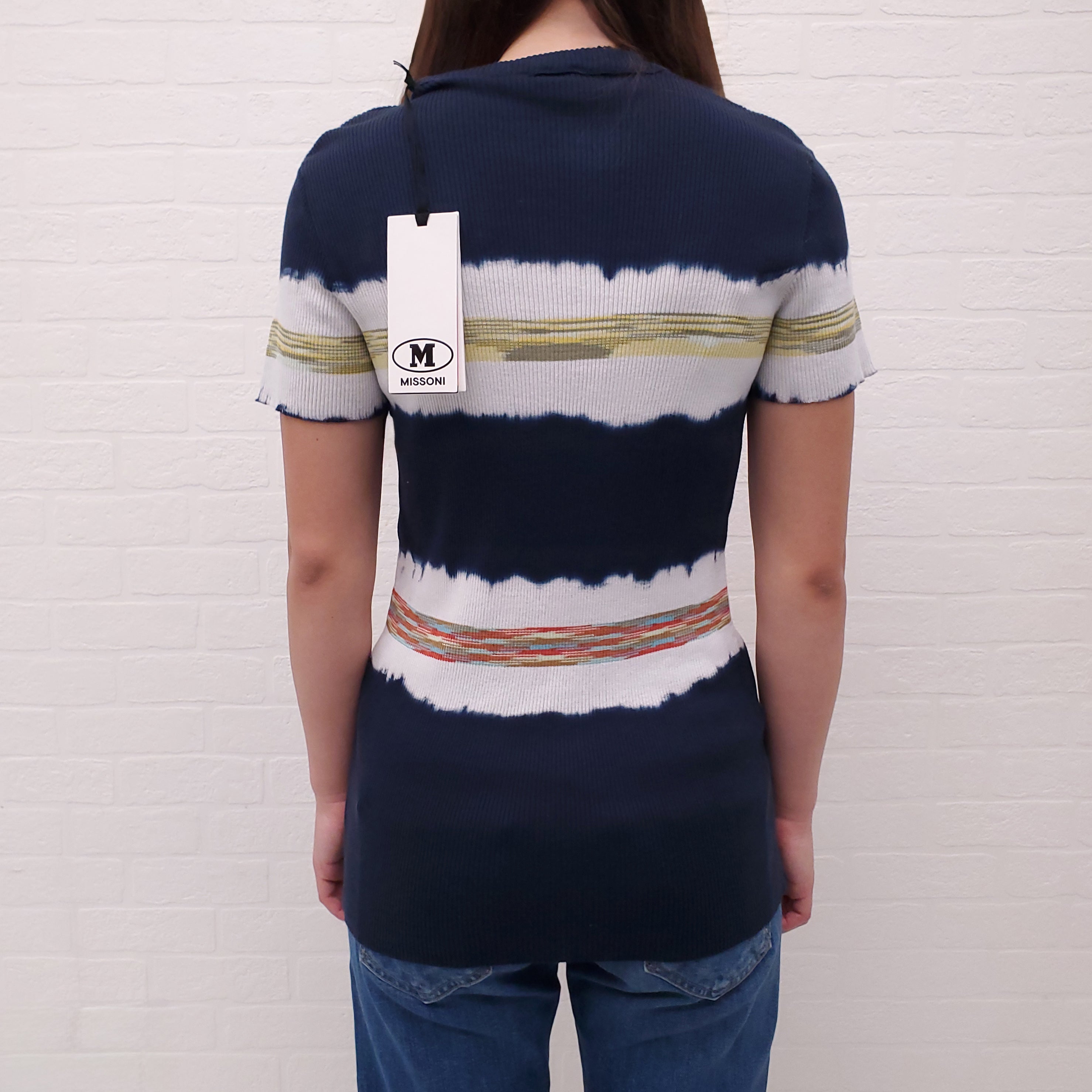 M MISSONI NAVY RIBBED TIE DYE T-SHIRT - SIZE 44