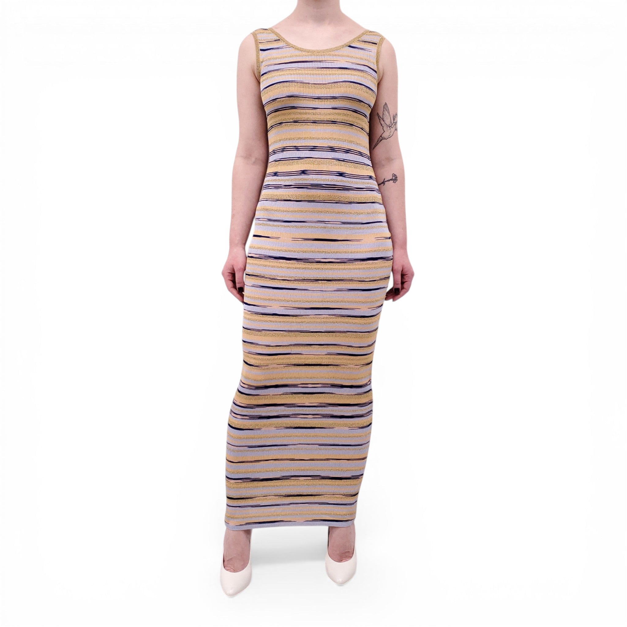 M MISSONI PURPLE AND GOLD STRIPED MAXI DRESS - SIZE M