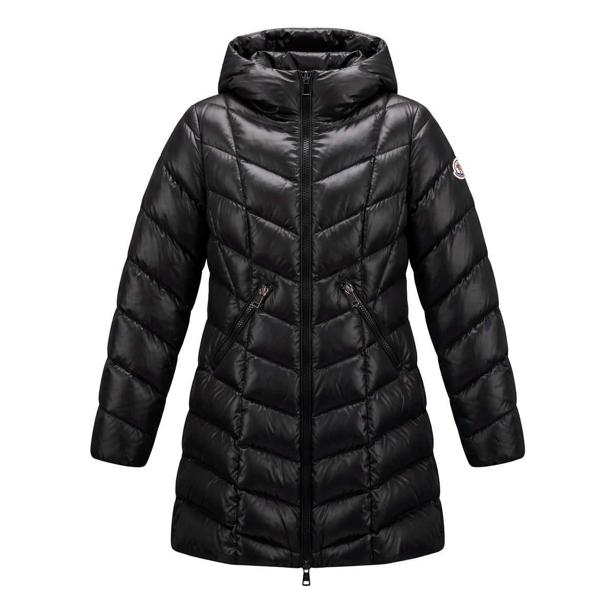 MONCLER BLACK LONG SHINE JACKET WITH LOGO - SIZE 2