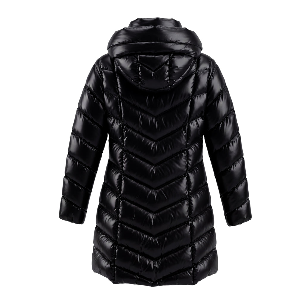 MONCLER BLACK LONG SHINE JACKET WITH LOGO - SIZE 2