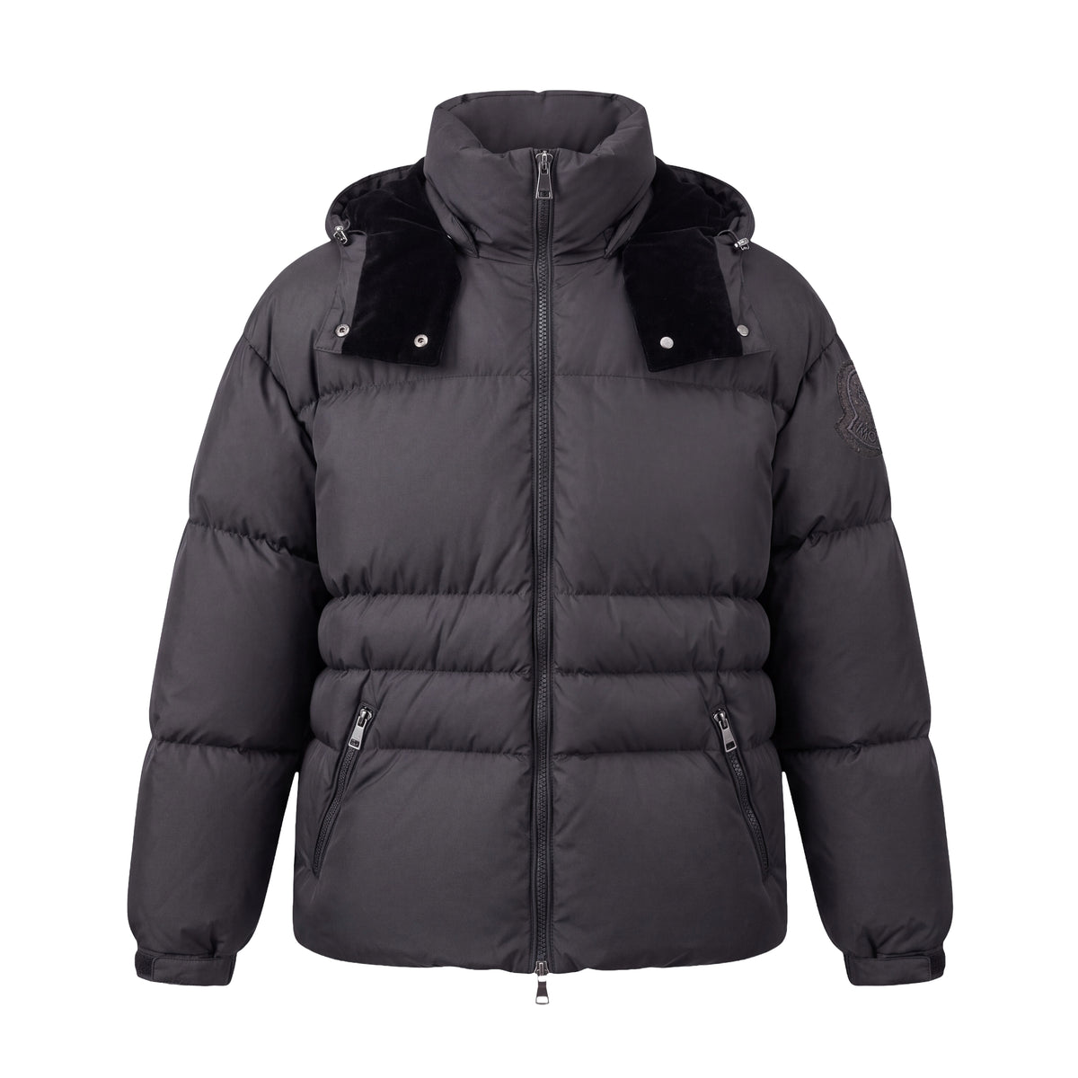 MONCLER BLACK PUFFER JACKET WITH VELVET HOOD DETAIL - SIZE 2