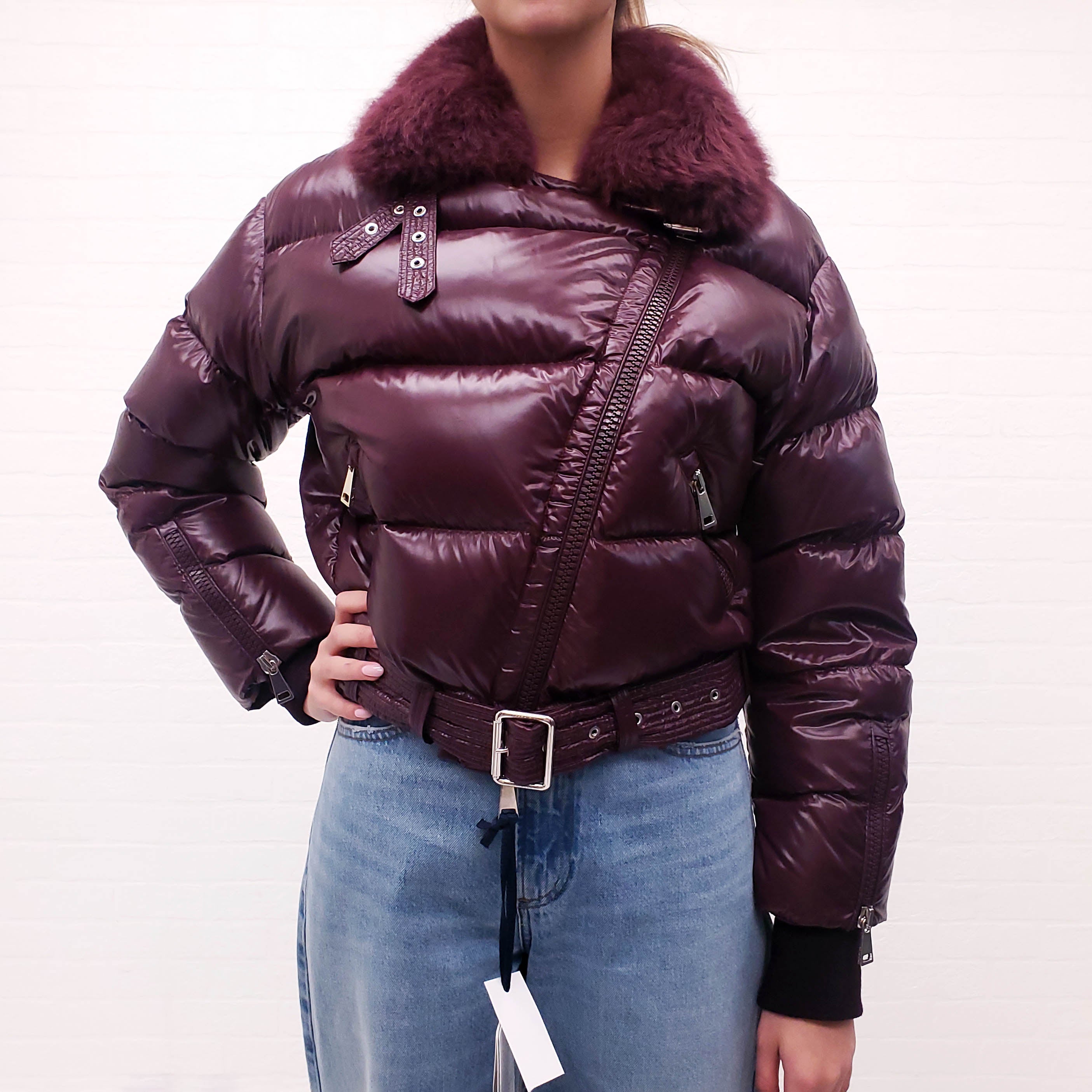 MONCLER BURGUNDY JACKET WITH ALPACA FUR COLLAR - SIZE 0