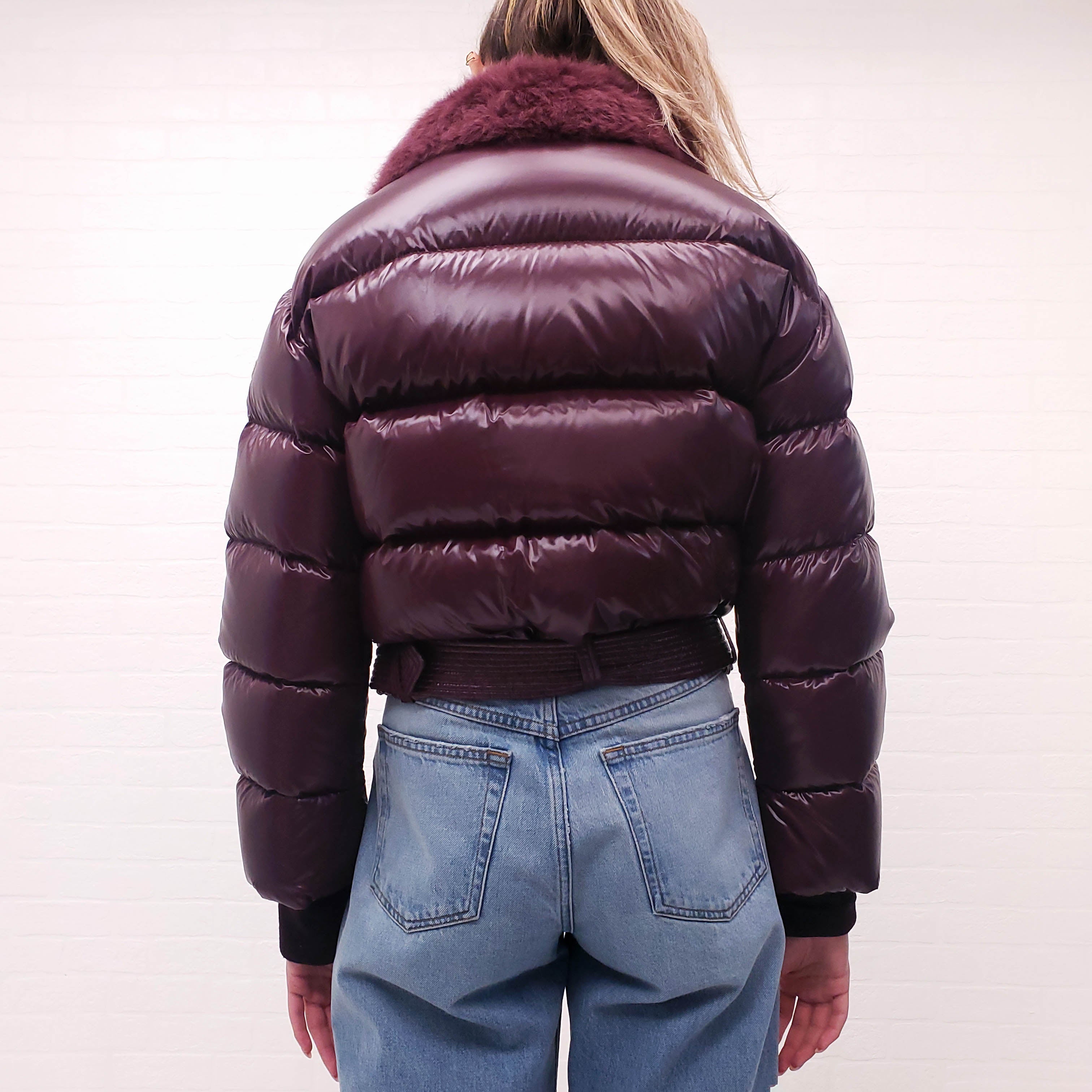 MONCLER BURGUNDY JACKET WITH ALPACA FUR COLLAR - SIZE 0
