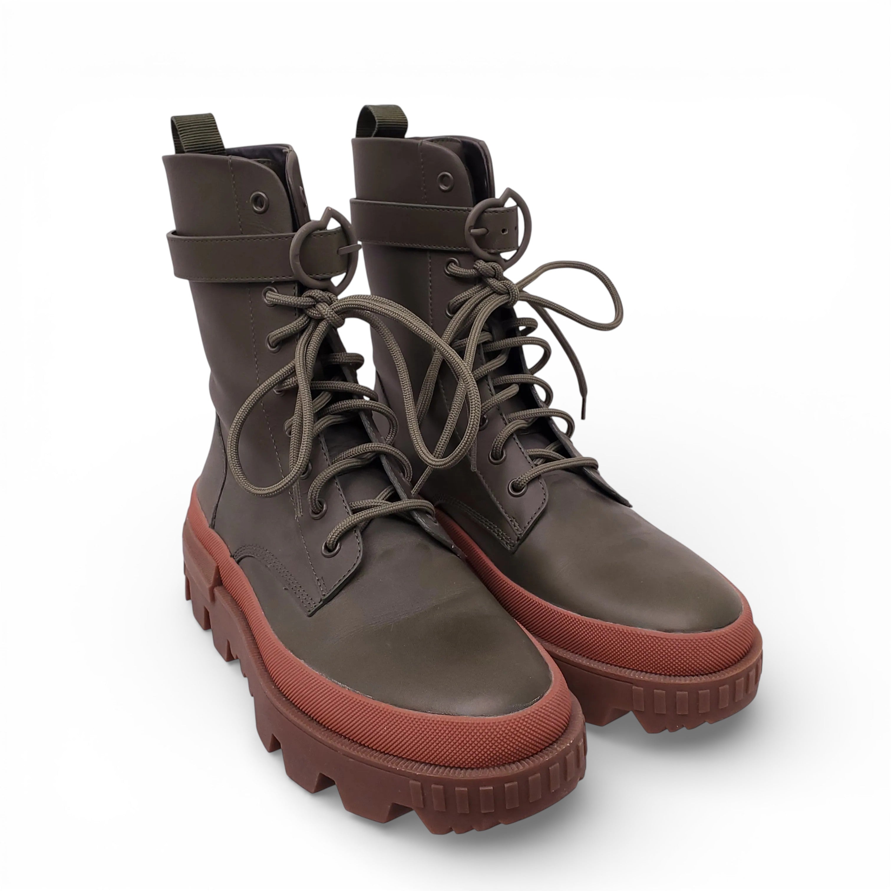 MONCLER GREEN LEATHER CARINNE COMBAT BOOTS - SIZE 39