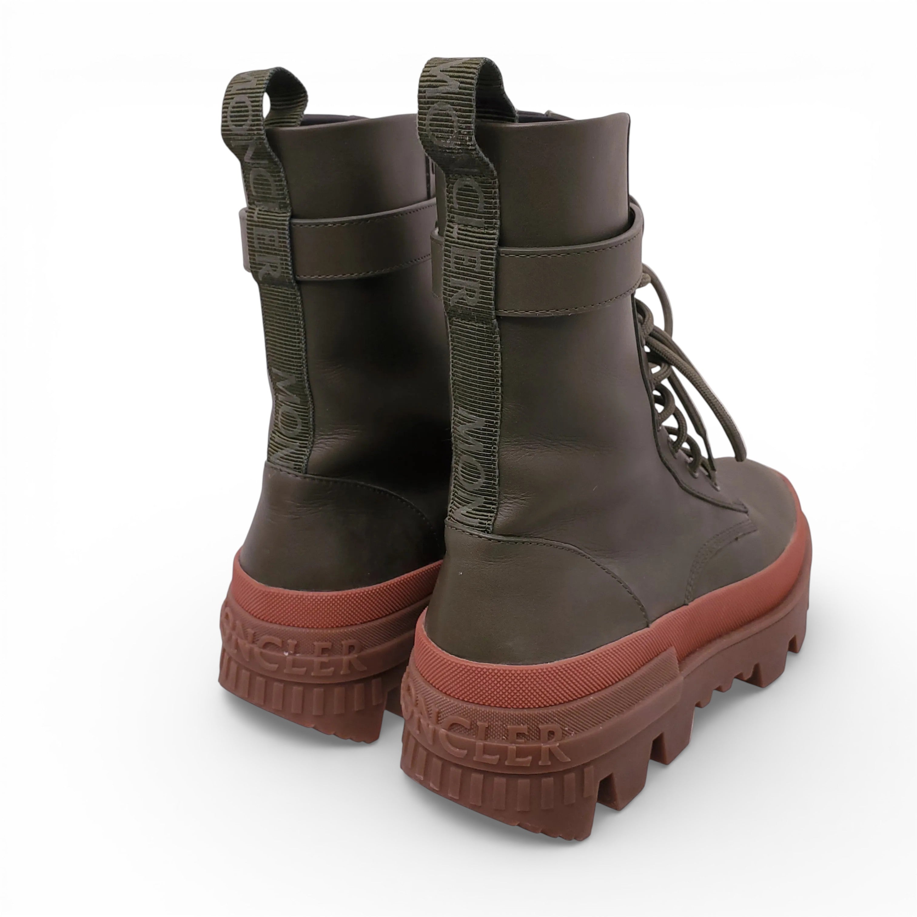 MONCLER GREEN LEATHER CARINNE COMBAT BOOTS - SIZE 39