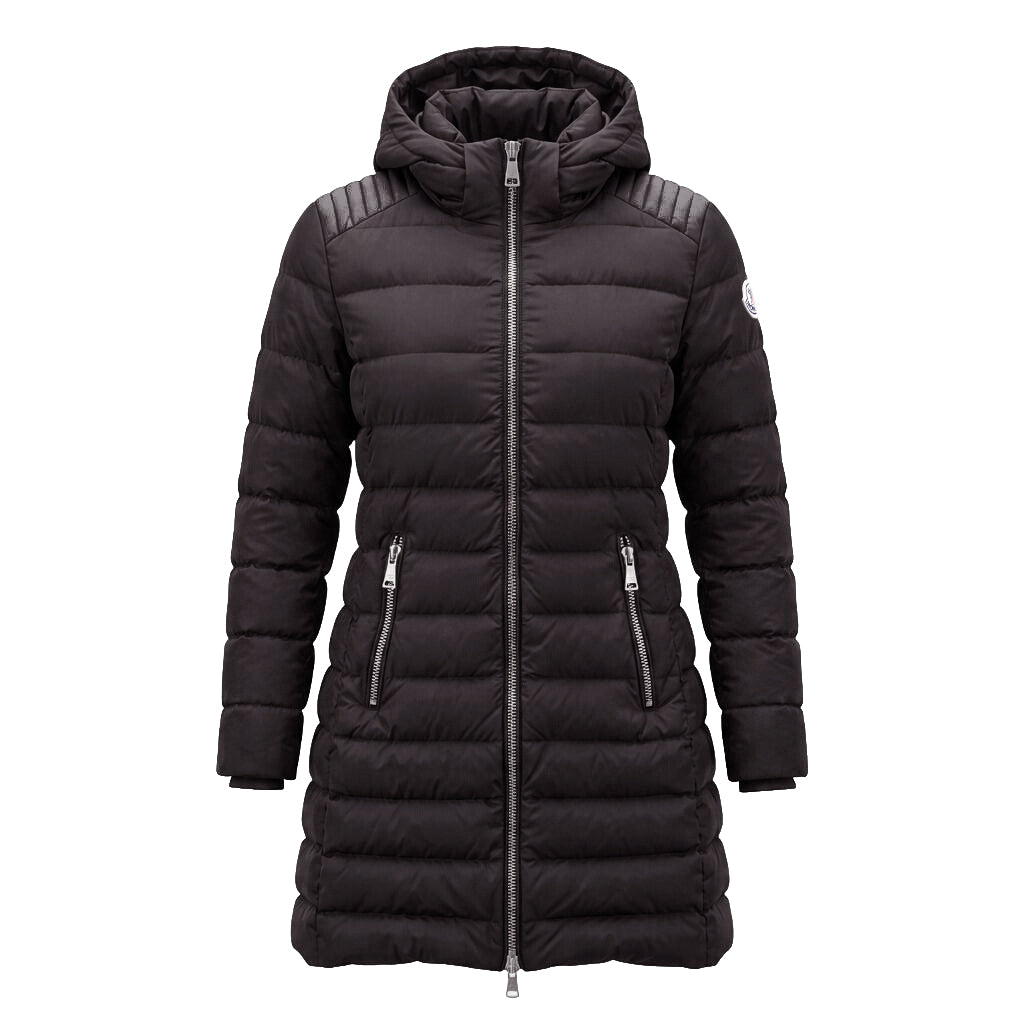 MONCLER LONG BLACK COAT WITH  SILVER ZIPPER DETAILS  - SIZE 2