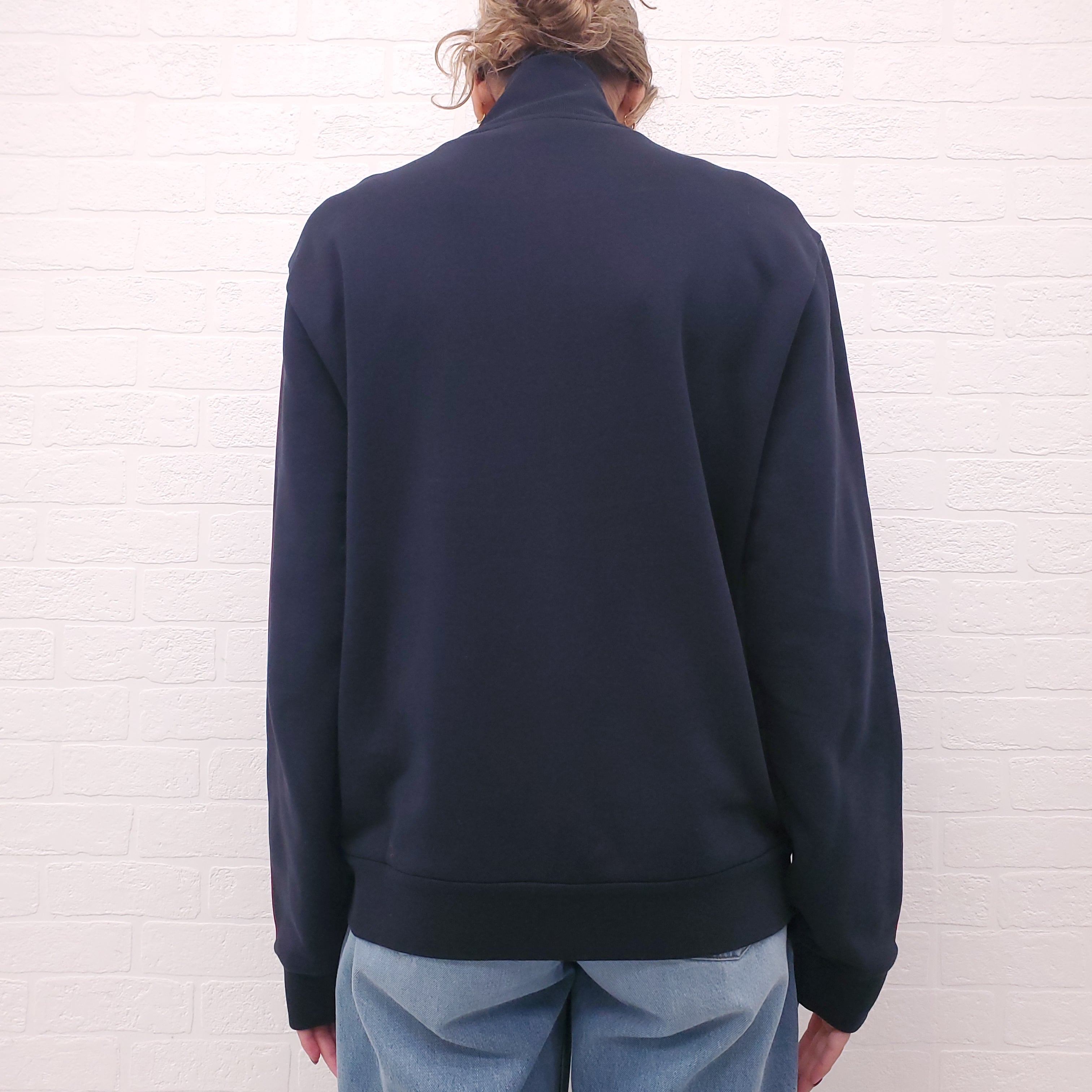 MONCLER UNISEX NAVY STRIPED ZIP UP SWEATSHIRT WITH LOGO - SIZE L MENS/XL WOMENS