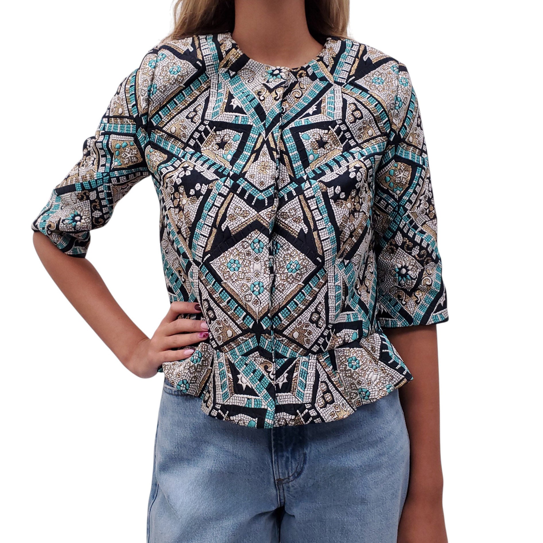 MONIQUE LHUILLIER NAVY, TURQUOISE AND GOLD PATTERNED JACKET - SIZE 8