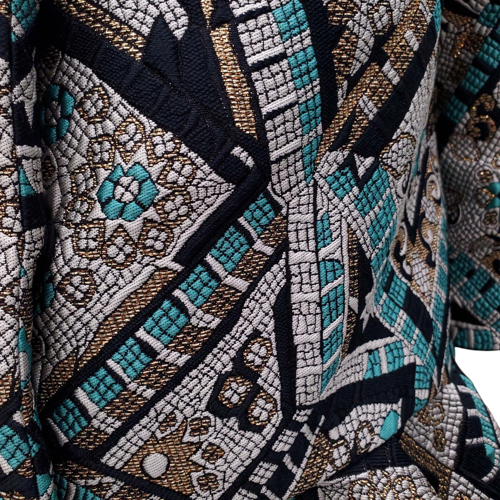 MONIQUE LHUILLIER NAVY, TURQUOISE AND GOLD PATTERNED JACKET - SIZE 8