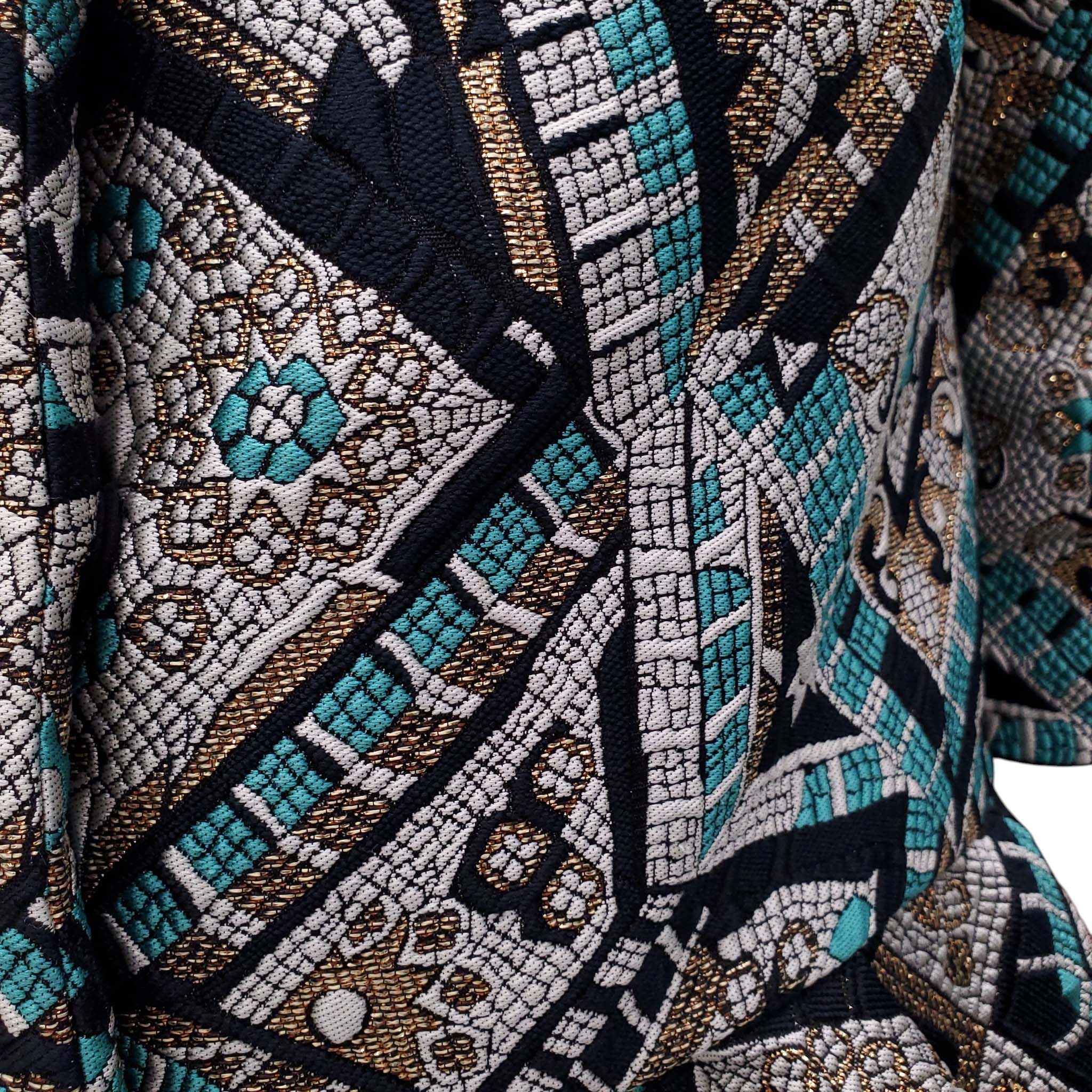 MONIQUE LHUILLIER NAVY, TURQUOISE AND GOLD PATTERNED JACKET - SIZE 8