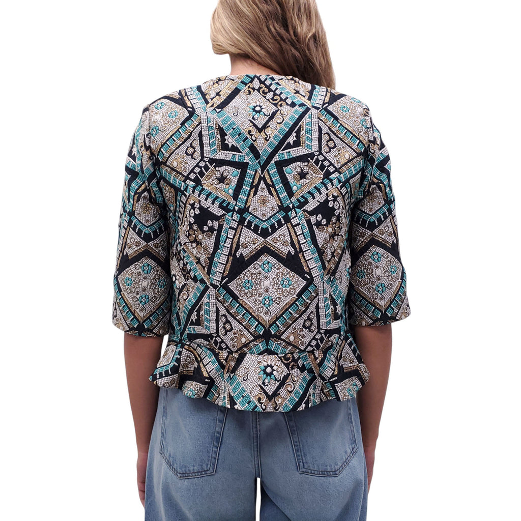MONIQUE LHUILLIER NAVY, TURQUOISE AND GOLD PATTERNED JACKET - SIZE 8
