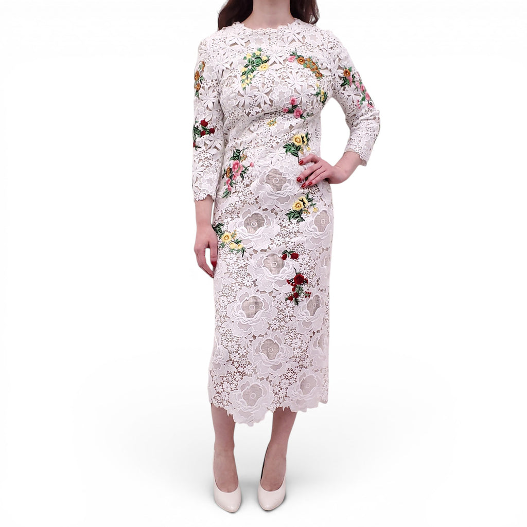 MONIQUE LHUILLIER WHITE EMBROIDERED FLORAL DRESS