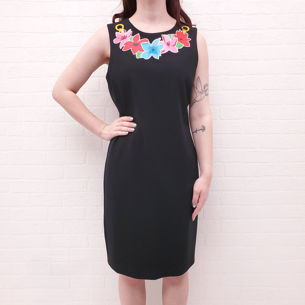 MOSCHINO BOUTIQUE BLACK DRESS WITH FLORAL DETAIL - SIZE 10