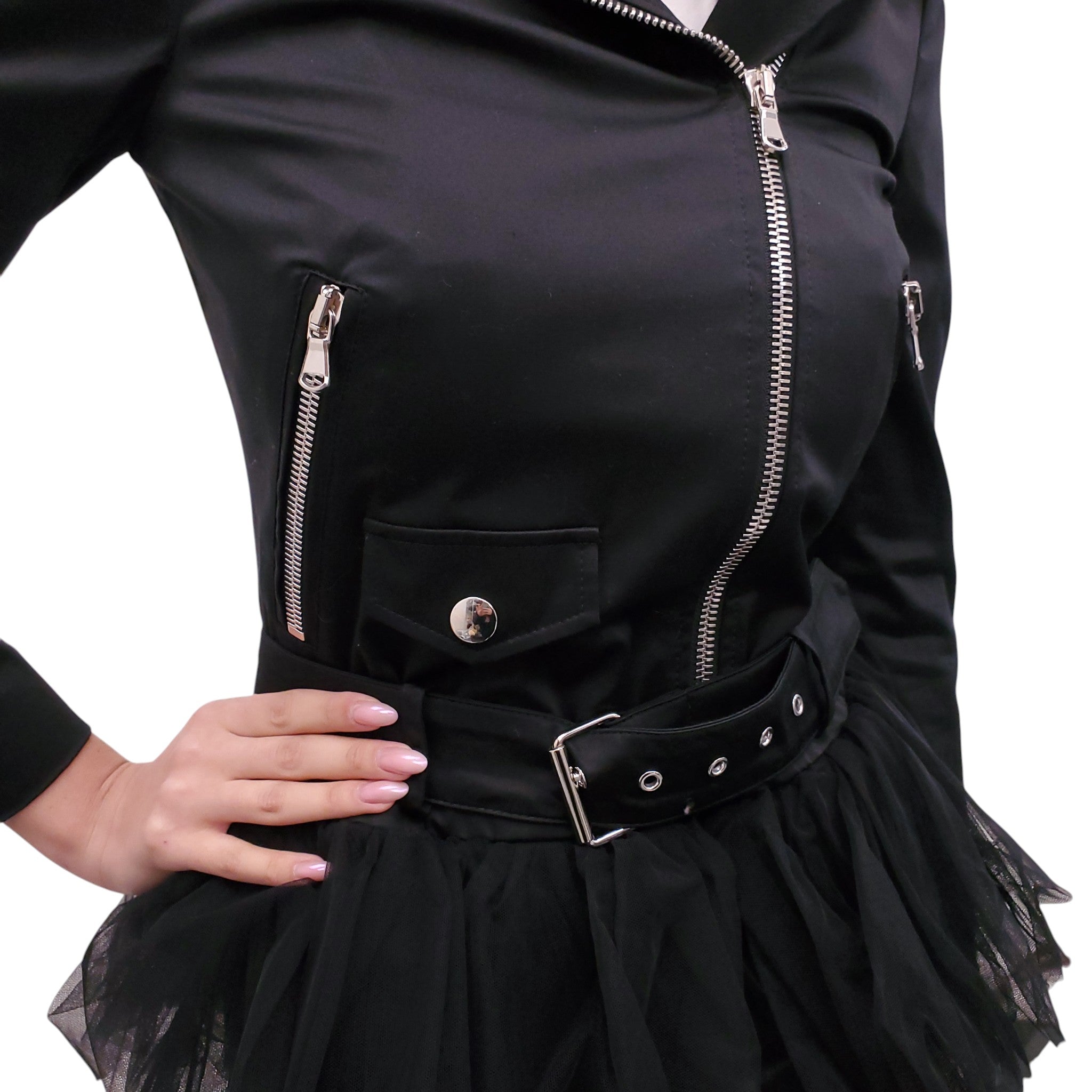 MOSCHINO COUTURE BLACK BIKER JACKET WITH TULLE DETAIL - SIZE 2