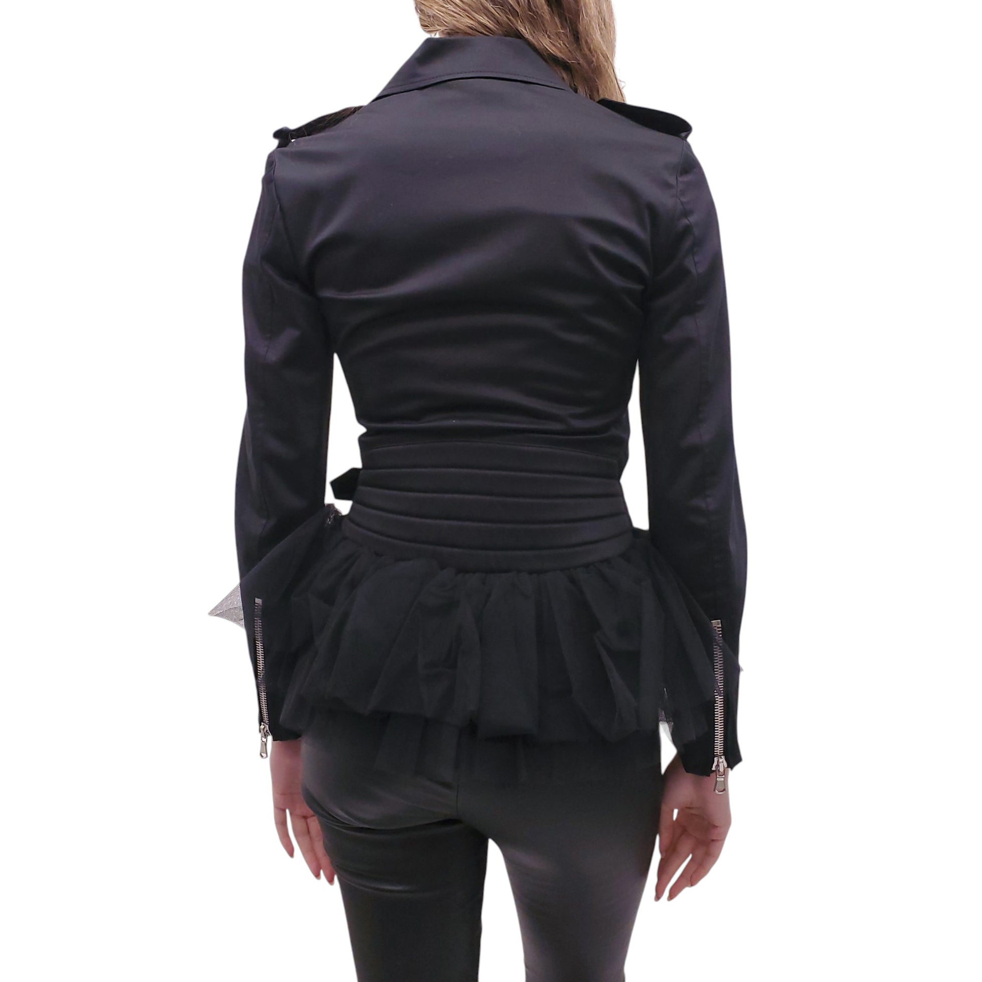 MOSCHINO COUTURE BLACK BIKER JACKET WITH TULLE DETAIL - SIZE 2