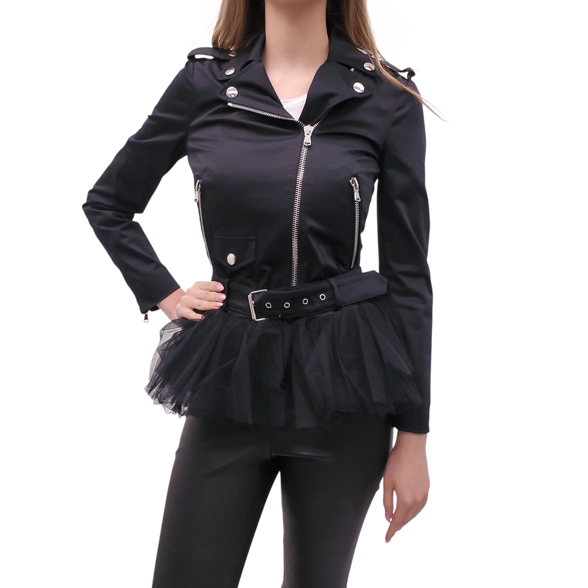 MOSCHINO COUTURE BLACK BIKER JACKET WITH TULLE DETAIL - SIZE 2