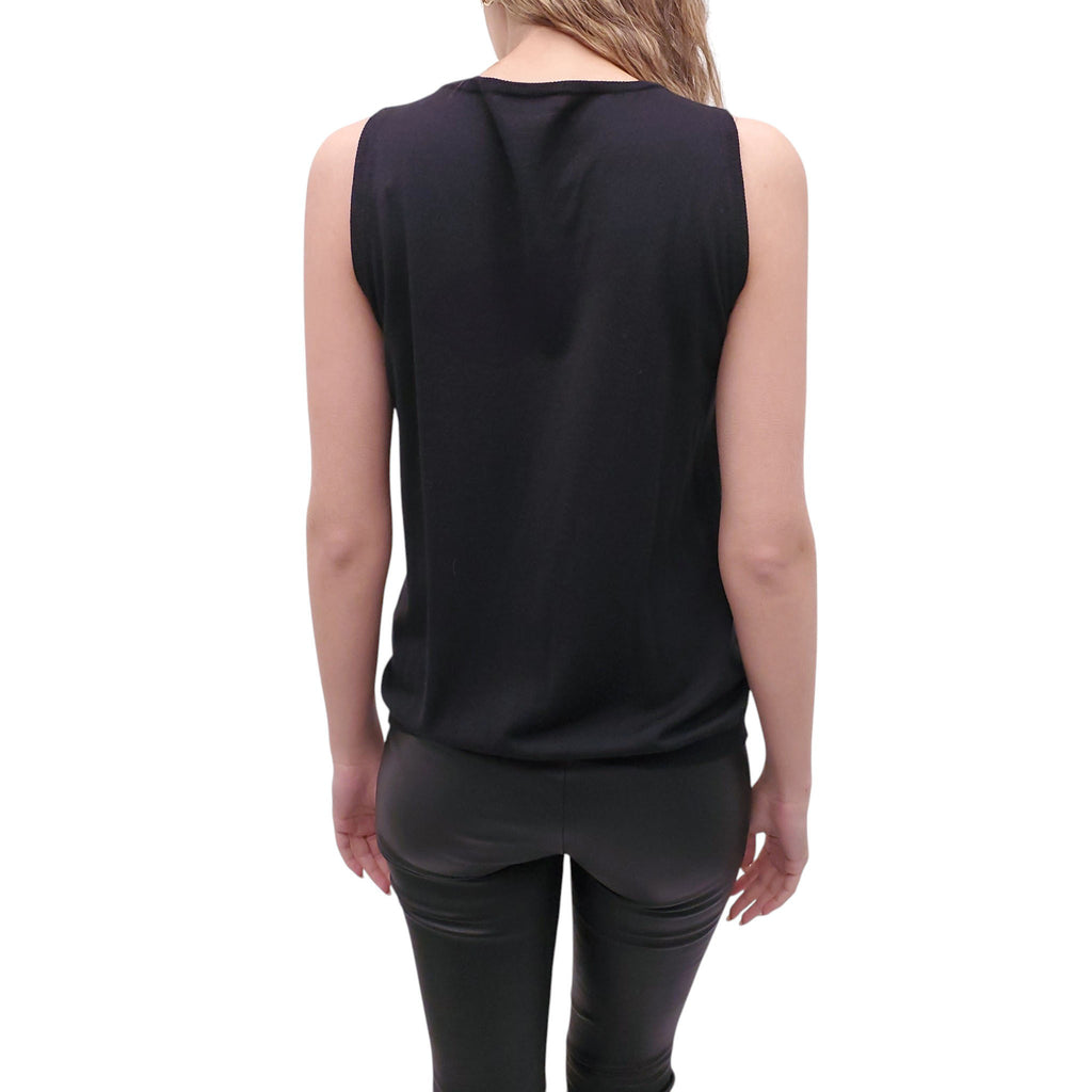 MOSCHINO COUTURE BLACK SLEEVELESS SWEATER WITH EMBLEM DETAIL - SIZE 12 (FITS SMALL)