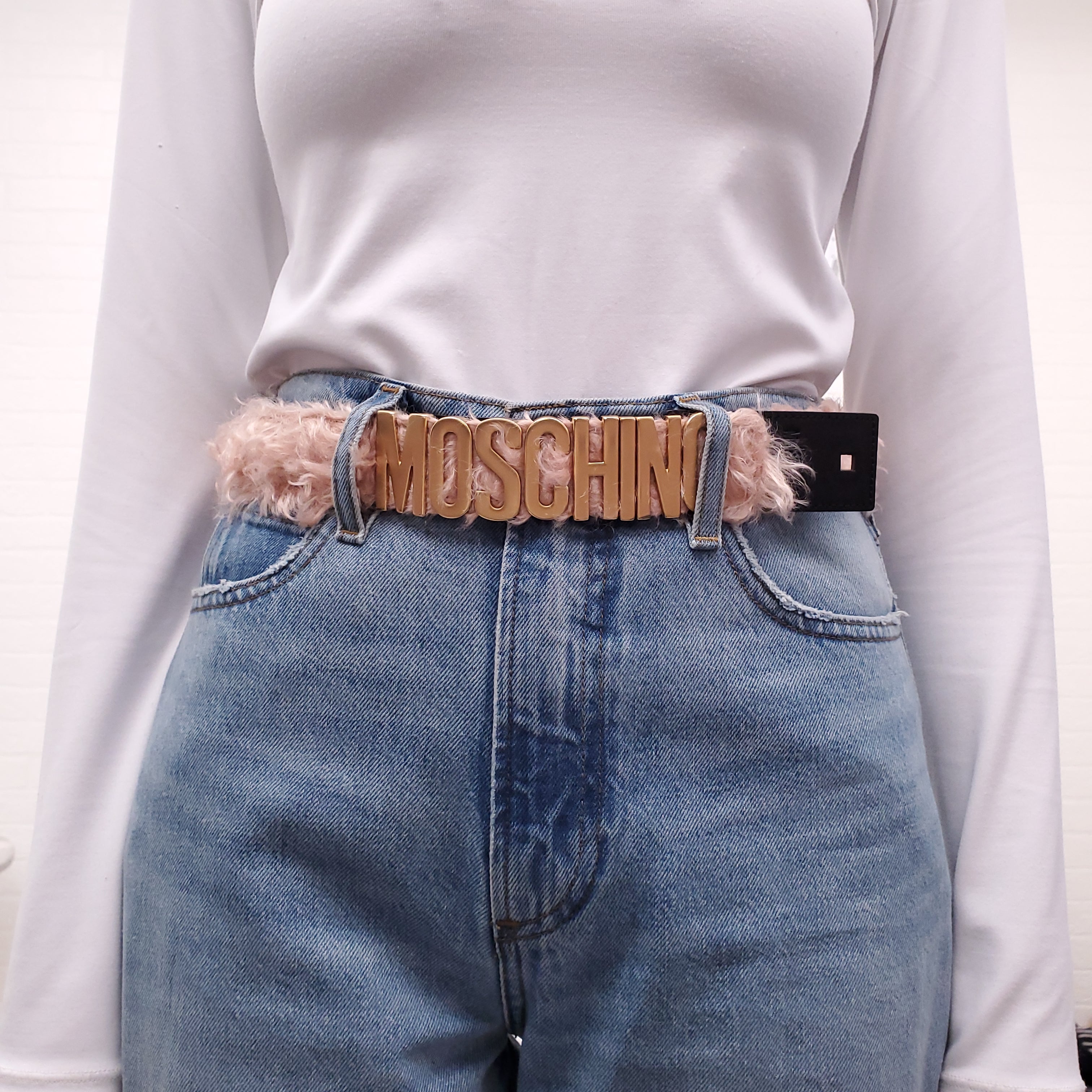 MOSCHINO MONGOLIAN HAIR GOLD LOGO BELT - SIZE 42